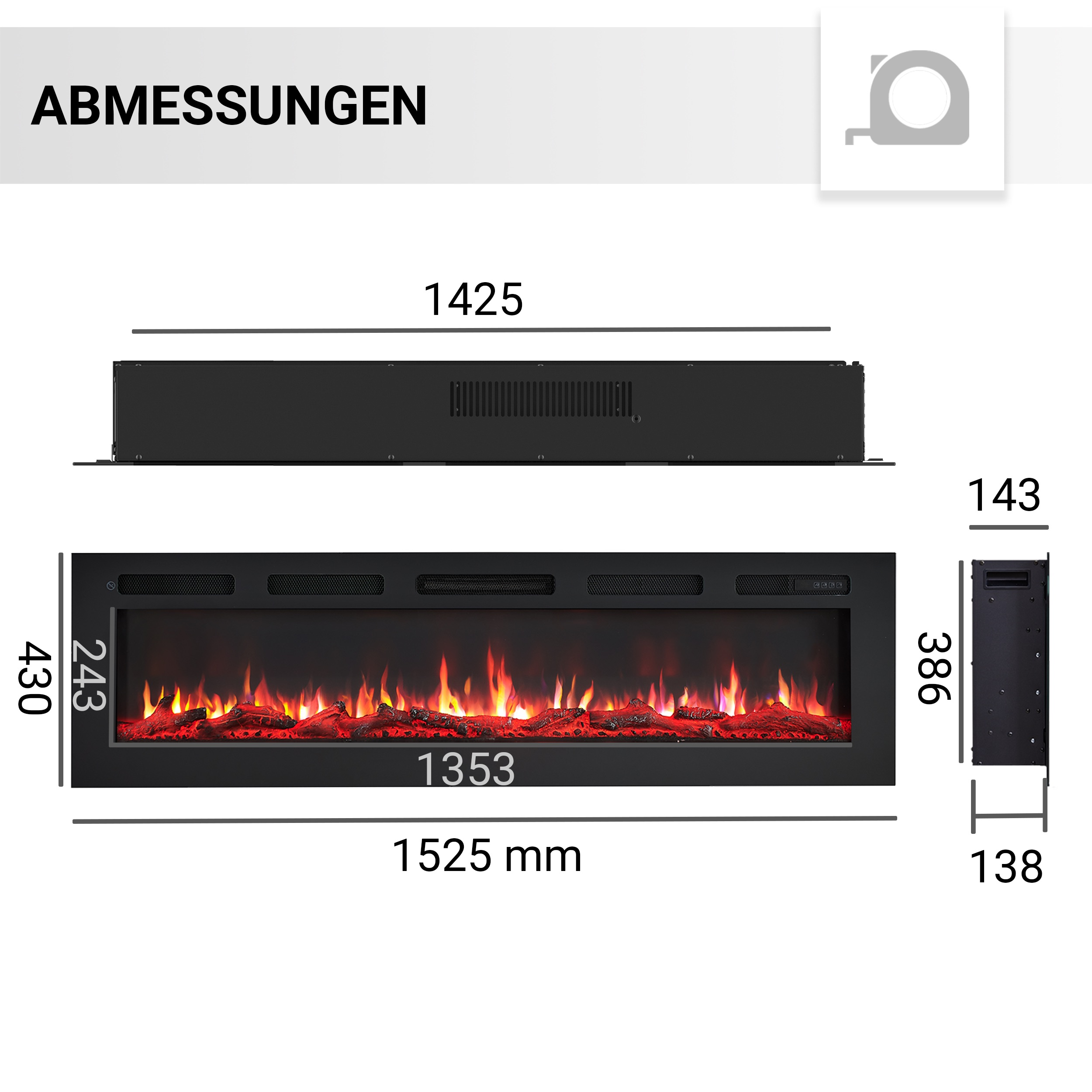 Ein schwarzer Elektrokamin mit Maßangaben. Er zeigt einen Flammeneffekt und die Maße in Millimetern.