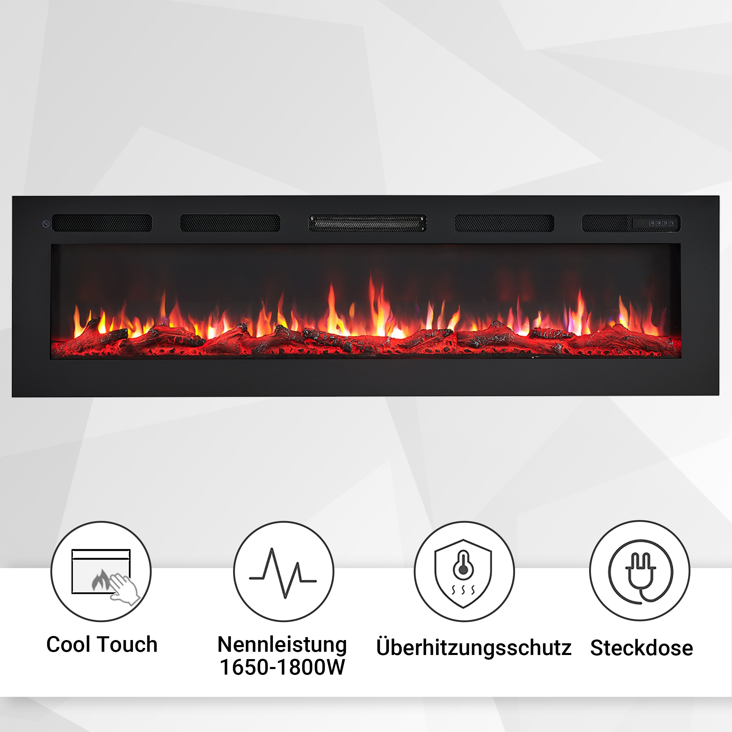 Schwarzer Elektrokamin mit roten Flammen und dekorativen Holzscheiten. Merkmale: Cool Touch, Überhitzungsschutz und Stecker.