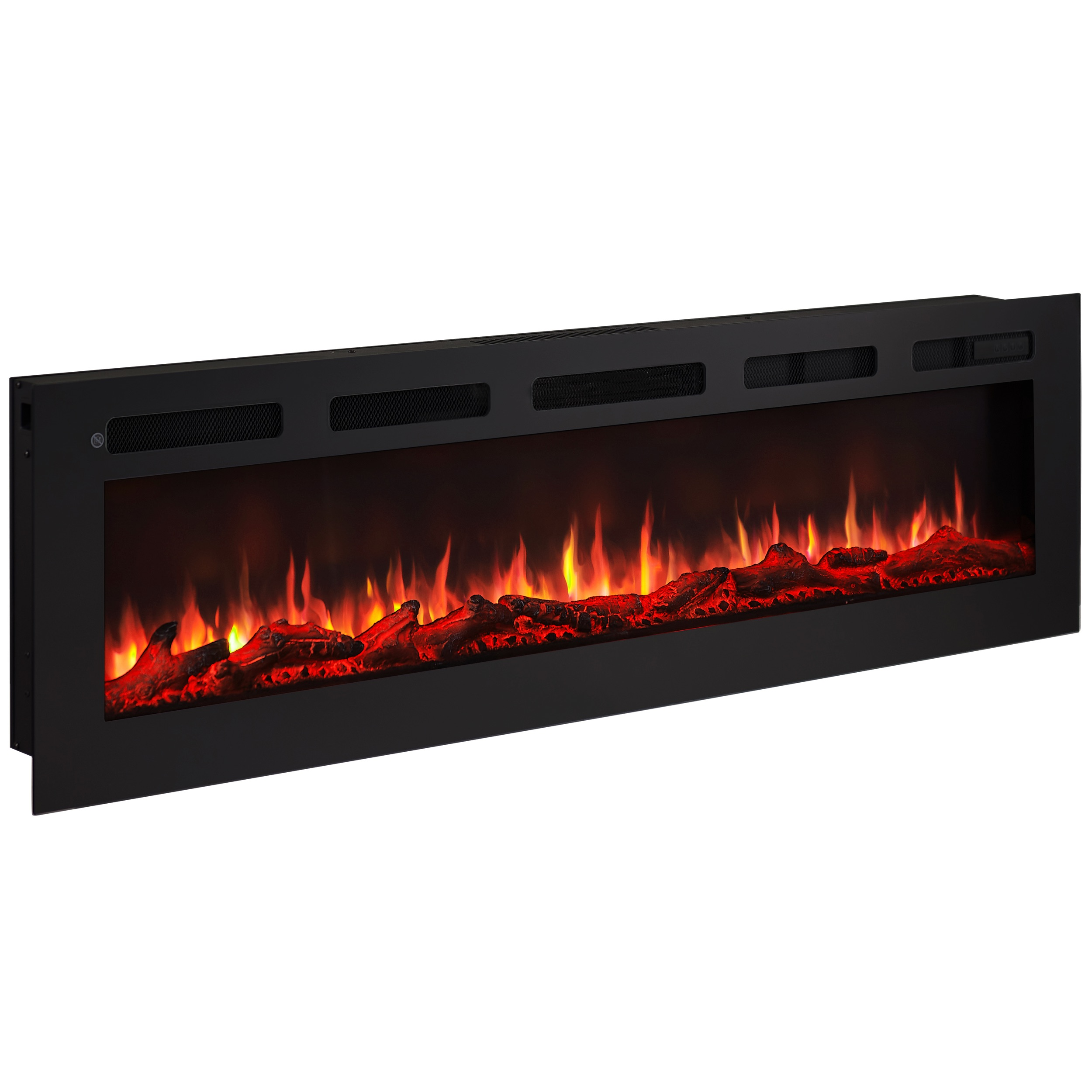 Ein schwarzer Kamin mit Flammeneffekt. Die Flammen sind rot und orange. Die Holzscheite sehen aus, als würden sie brennen.