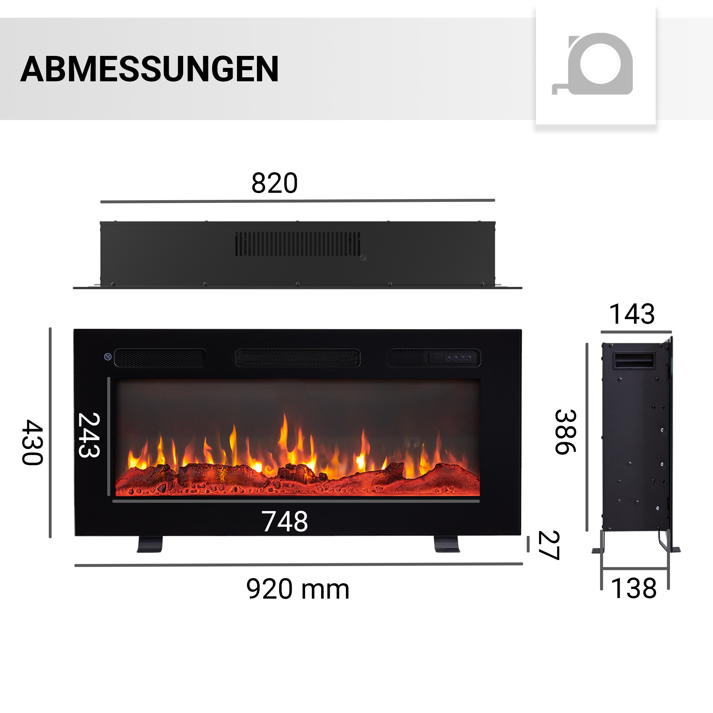 Ein schwarzer Elektrokamin mit Flammeneffekt, Abmessungen sind in mm angegeben. Der Text 'ABMESSUNGEN' steht oben links.