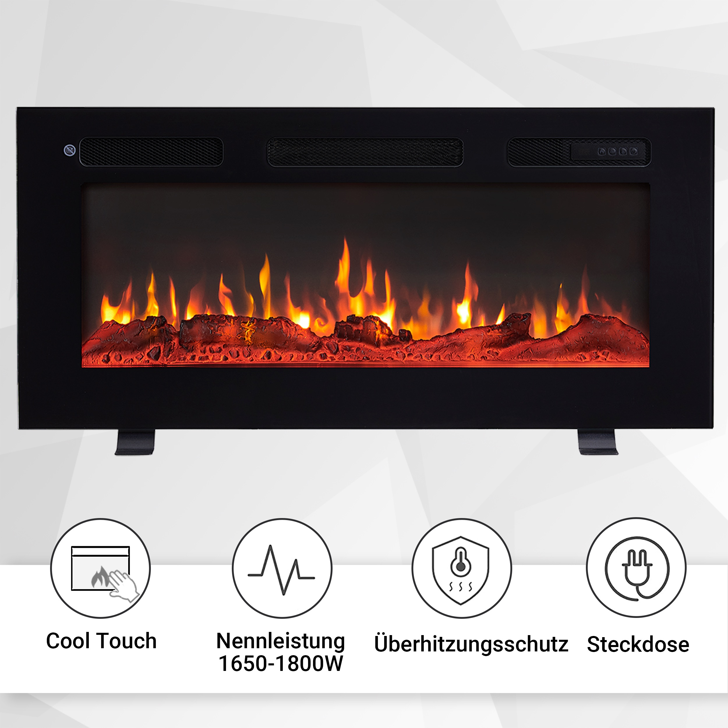 Schwarzer Elektrokamin mit orangefarbenen Flammen. Symbole zeigen Cool Touch, Leistung, Überhitzungsschutz und Stecker.