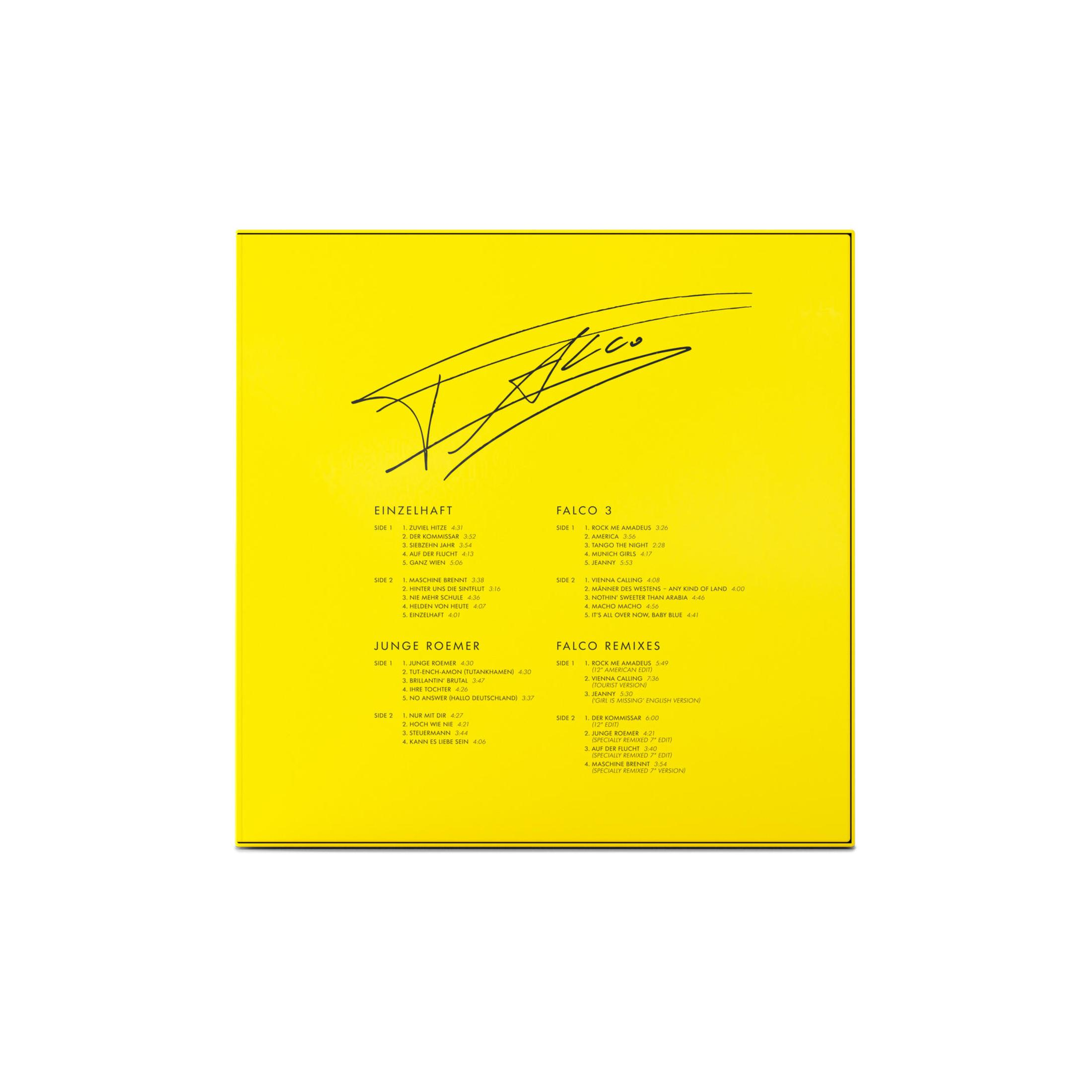 Gelbes Albumcover mit Text. Albumtitel sind Einzelhaft, Falco 3, Junge Roemer und Falco Remixes. Falcos Unterschrift ist oben.
