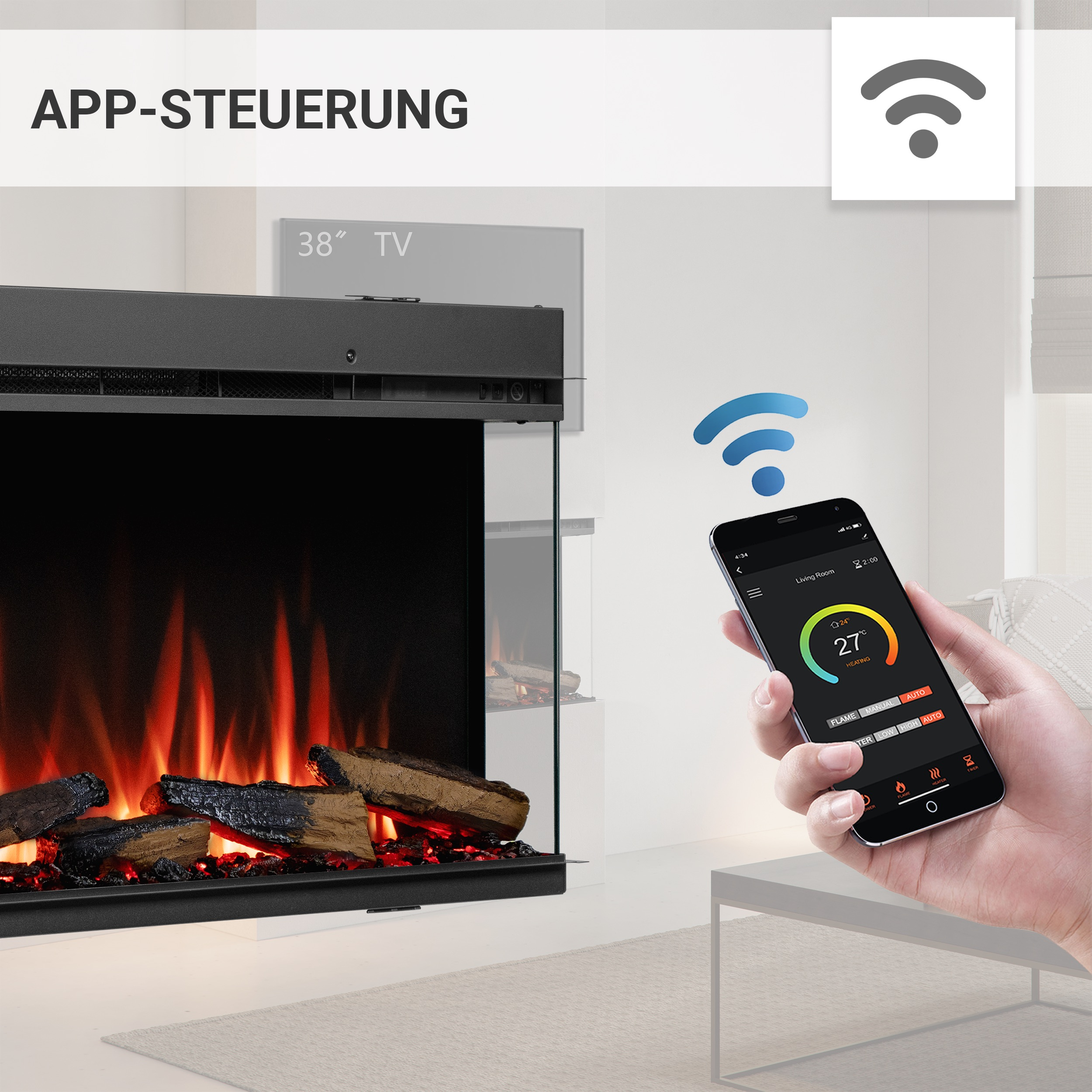 Ein elektrischer Kamin mit Flammen. Eine Hand mit Telefon steuert ihn per App. Der Bildschirm zeigt die Temperatur.