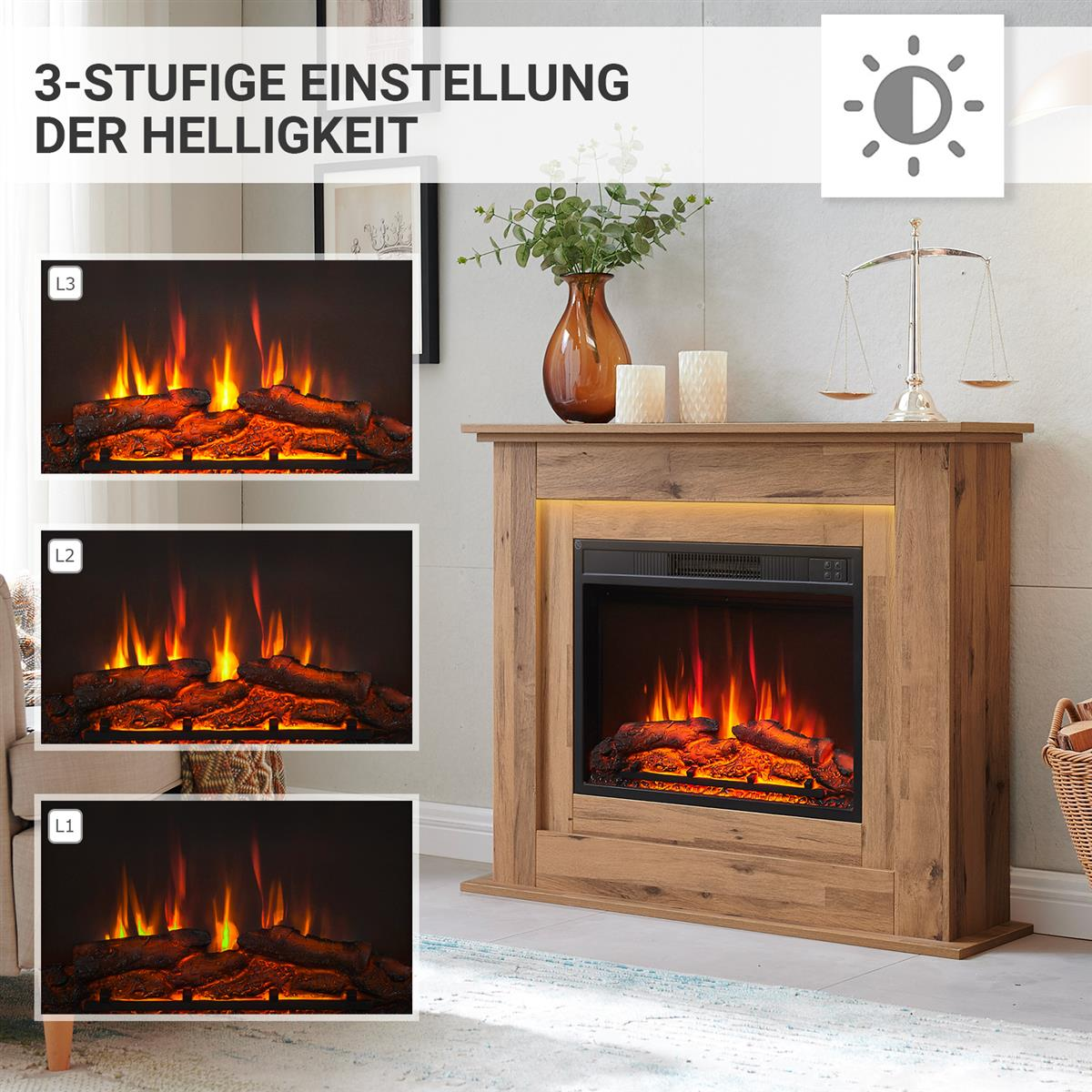 Ein Holzkamin mit 3 Helligkeitsstufen. Auf dem Kaminsims befinden sich eine Vase, Kerzen und eine Waage.