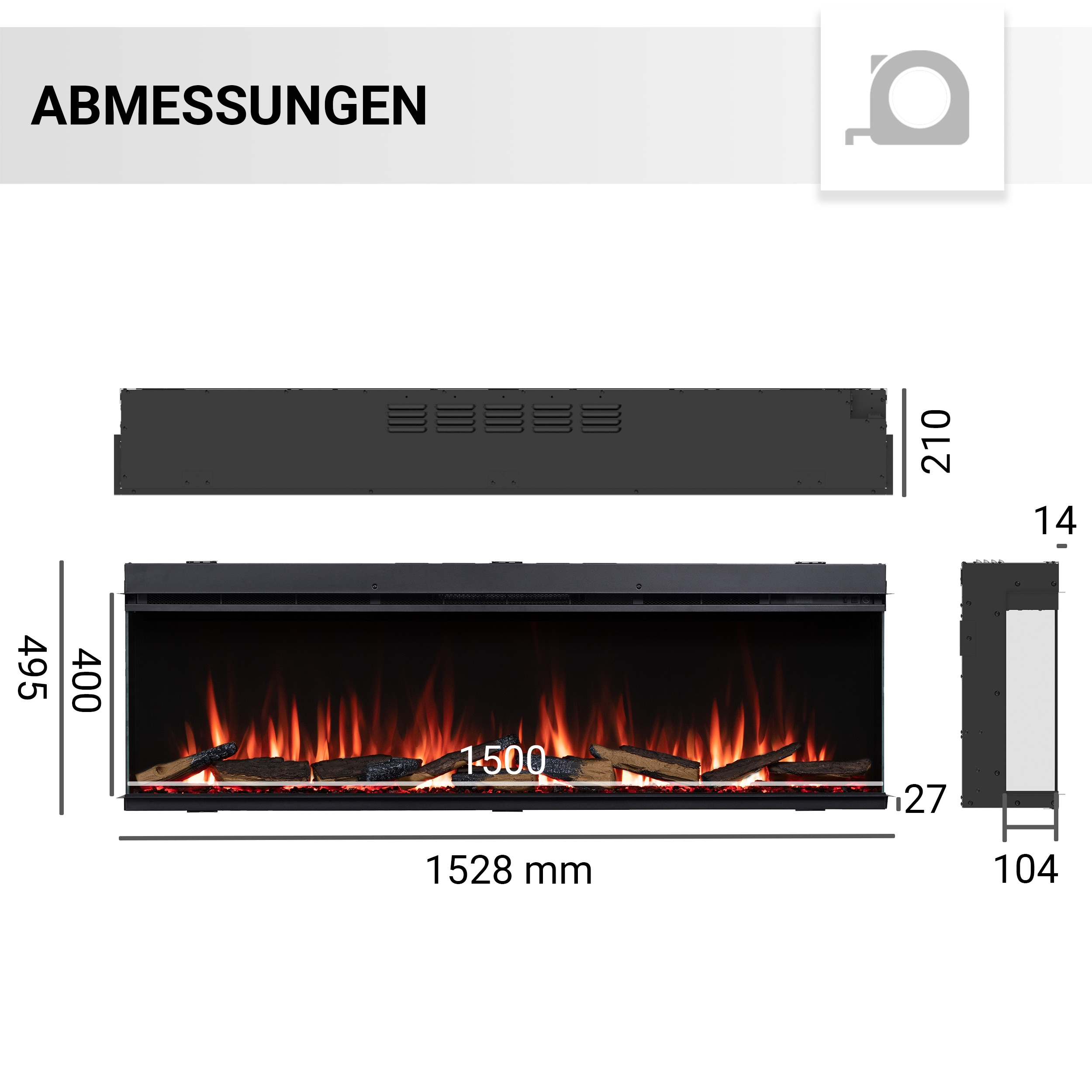 Diagramm eines Kamins mit Abmessungen. Es zeigt die Länge, Höhe und Tiefe des Kamins sowie einen Flammeneffekt.