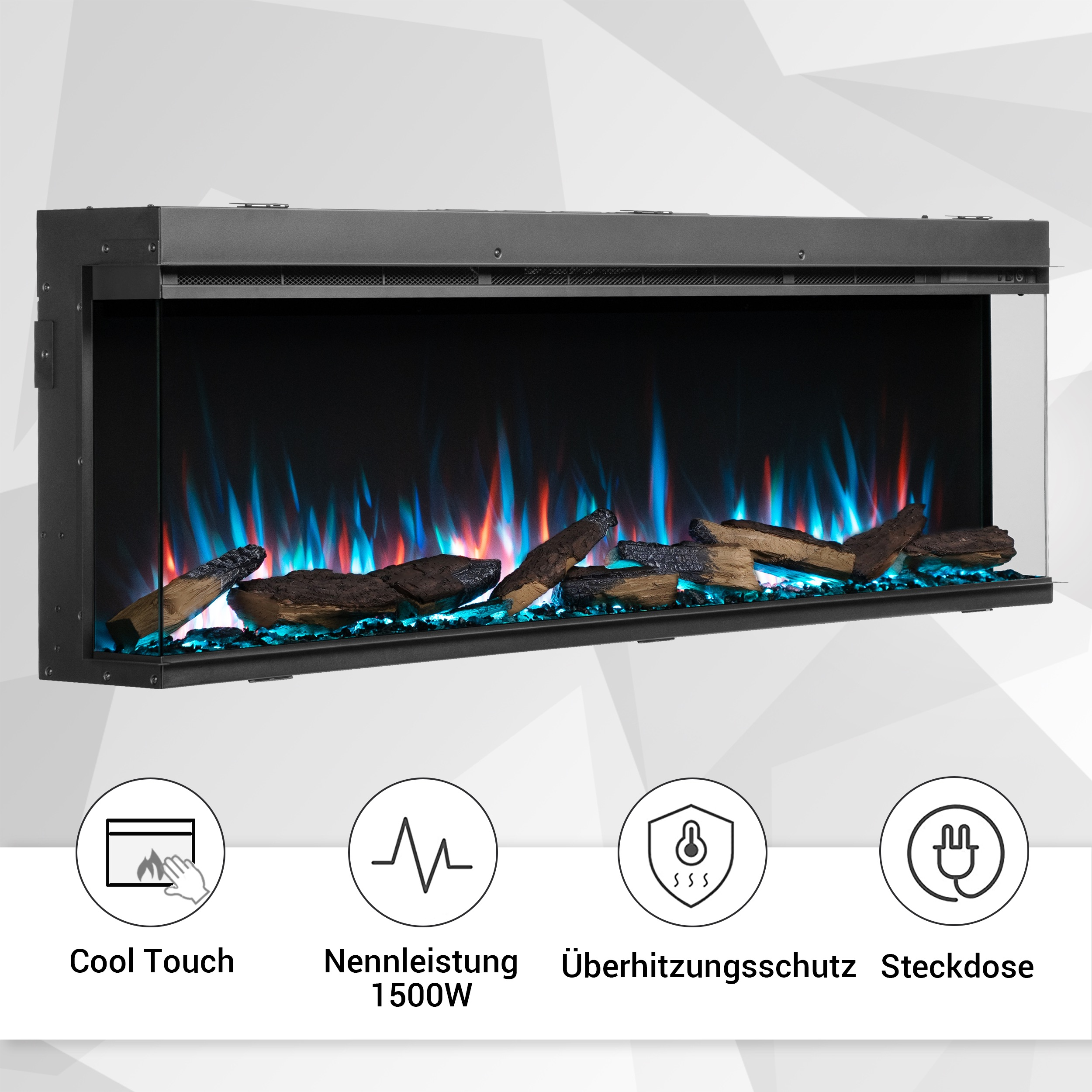 Elektrischer Kamin mit Flammen und Holzbalken. Er hat einen schwarzen Rahmen und Symbole unten.