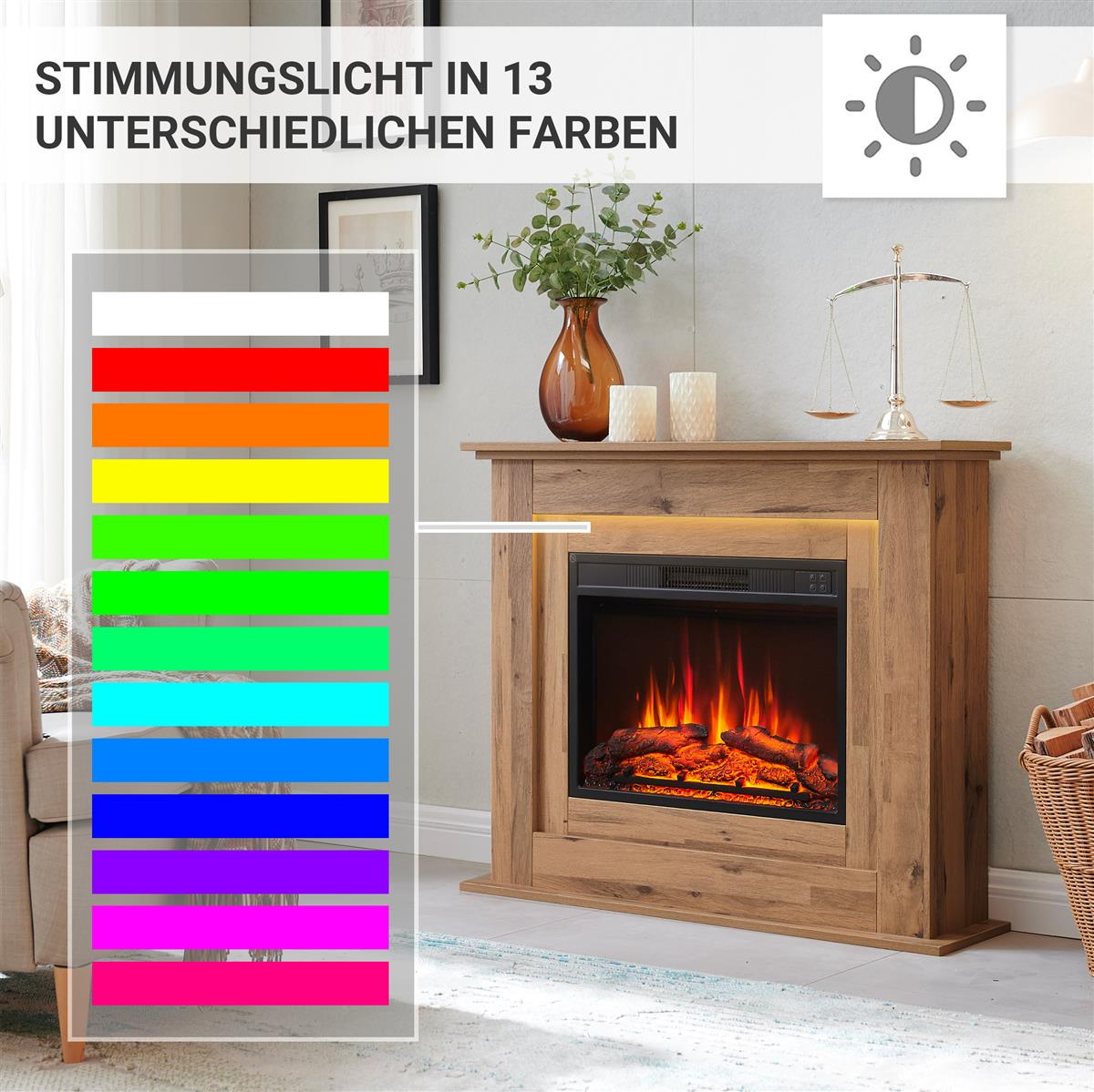 Ein Holzkamin mit farbigen Lichtern. Ein Regenbogenbalken zeigt 13 Farben. Eine Vase mit grünen Blättern und Kerzen steht oben.