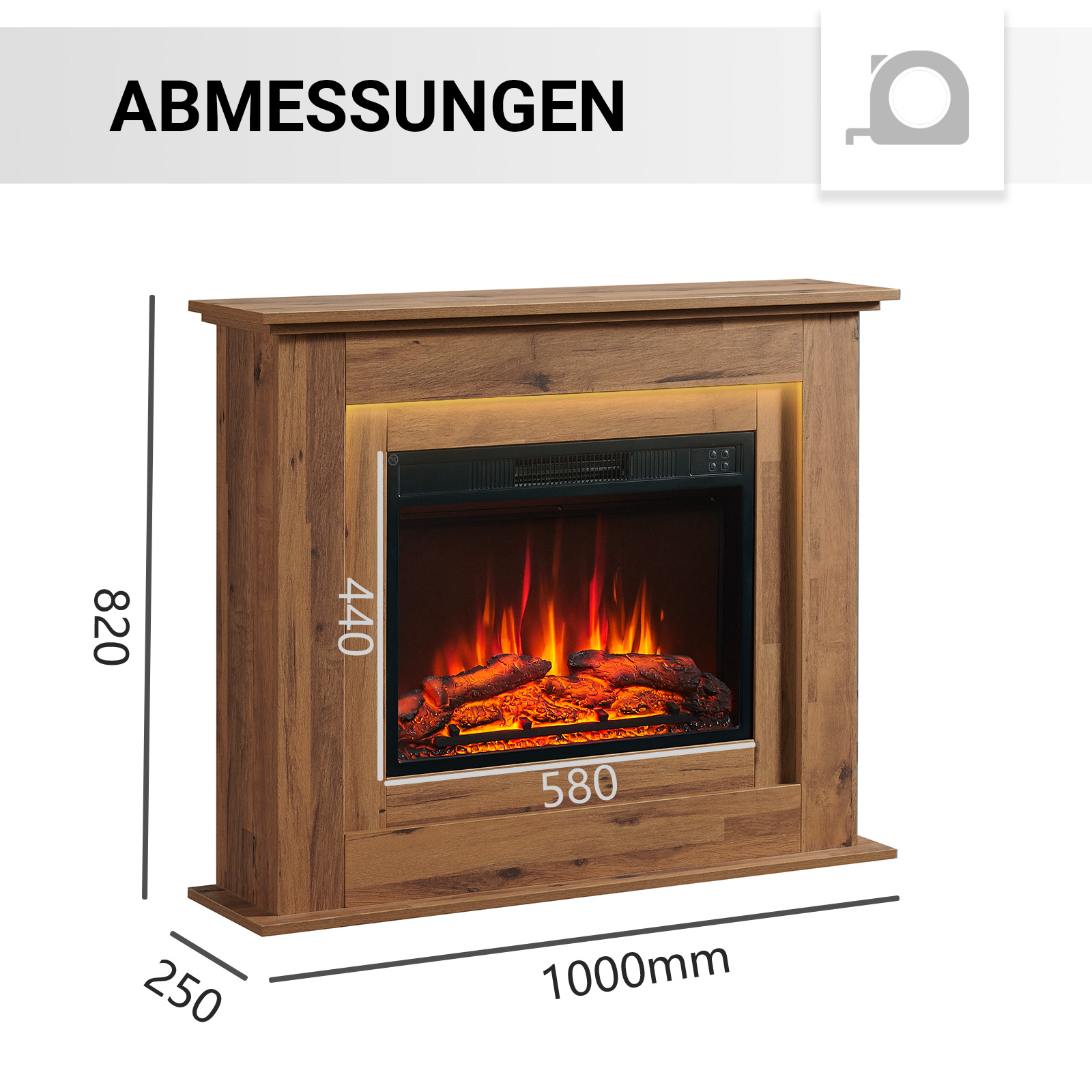 Elektrischer Kamin aus Holz mit Maßen. Der Feuereffekt ist sichtbar. Zahlen zeigen die Maße an.