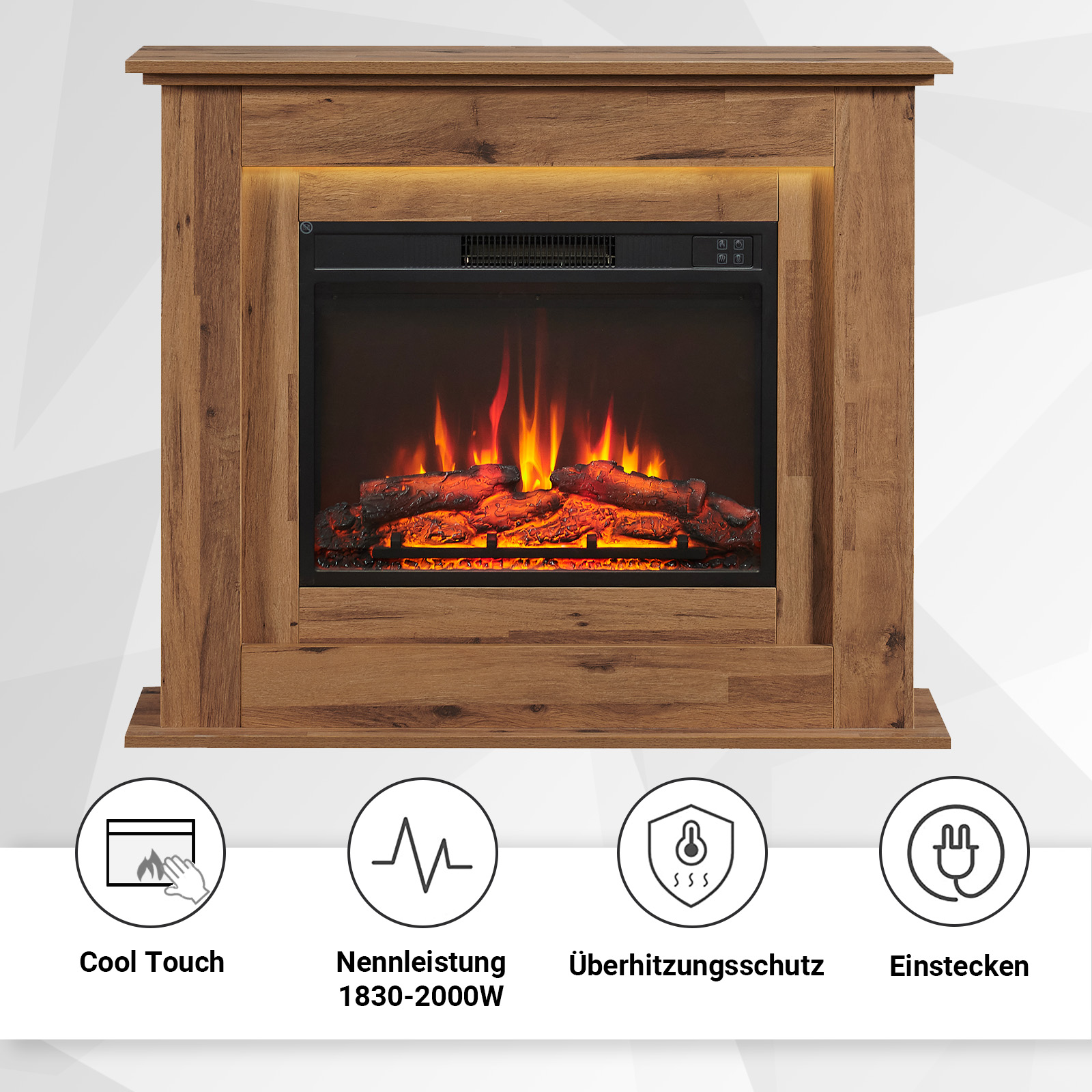 Ein Holzkamin mit schwarzem Innenraum. Flammen sind darin sichtbar. Unter dem Kamin befinden sich vier Symbole.