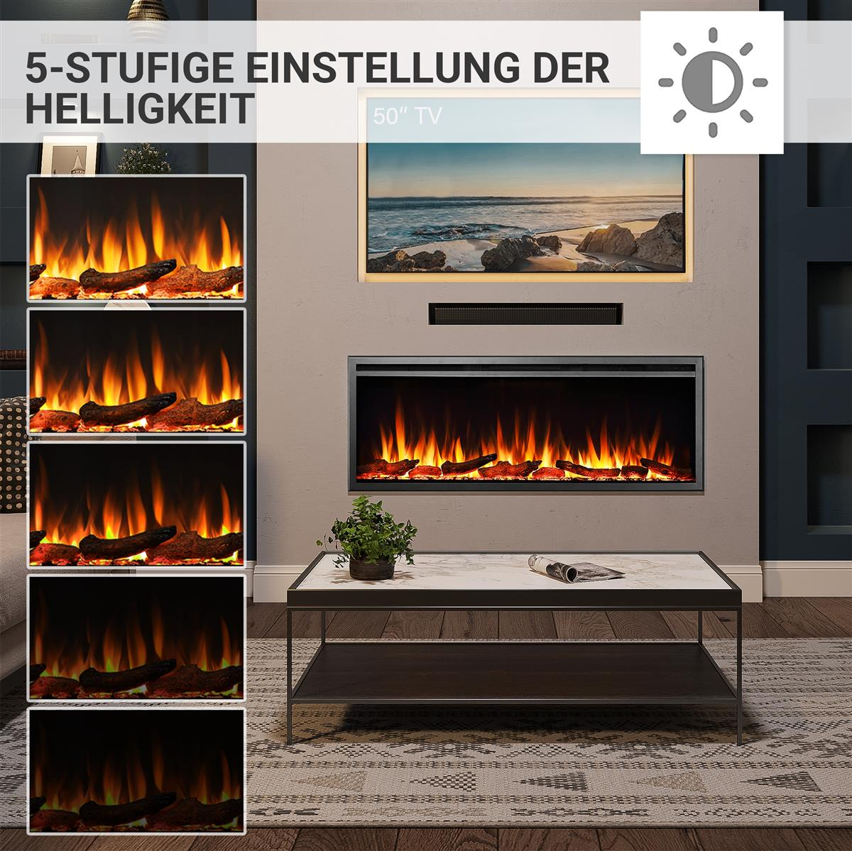 Ein modernes Wohnzimmer mit Kamin, Fernseher und Couchtisch. Der Kamin hat Flammen, der Fernseher zeigt eine Strandszene.