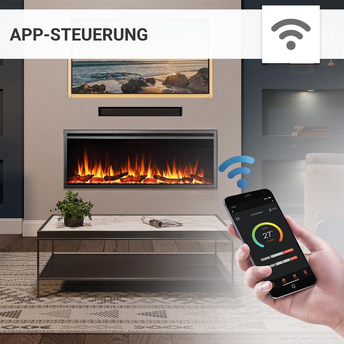 Ein modernes Wohnzimmer mit Kamin und Smartphone-Steuerung. Der Raum hat ein Gemälde und einen Couchtisch.