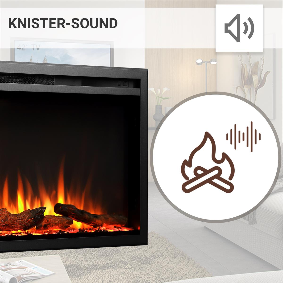 Elektrischer Kamin mit schwarzem Rahmen, brennenden orangefarbenen Flammen und Holzscheiten. Ein Tonsymbol und ein Feuerlogo sind ebenfalls sichtbar.