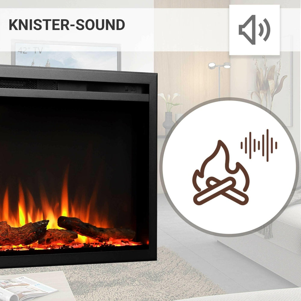 Ein Kamin mit orangefarbenen Flammen und Holzscheiten. Ein Lautsprechersymbol wird angezeigt, und die Worte "KNISTER-SOUND" sind sichtbar.