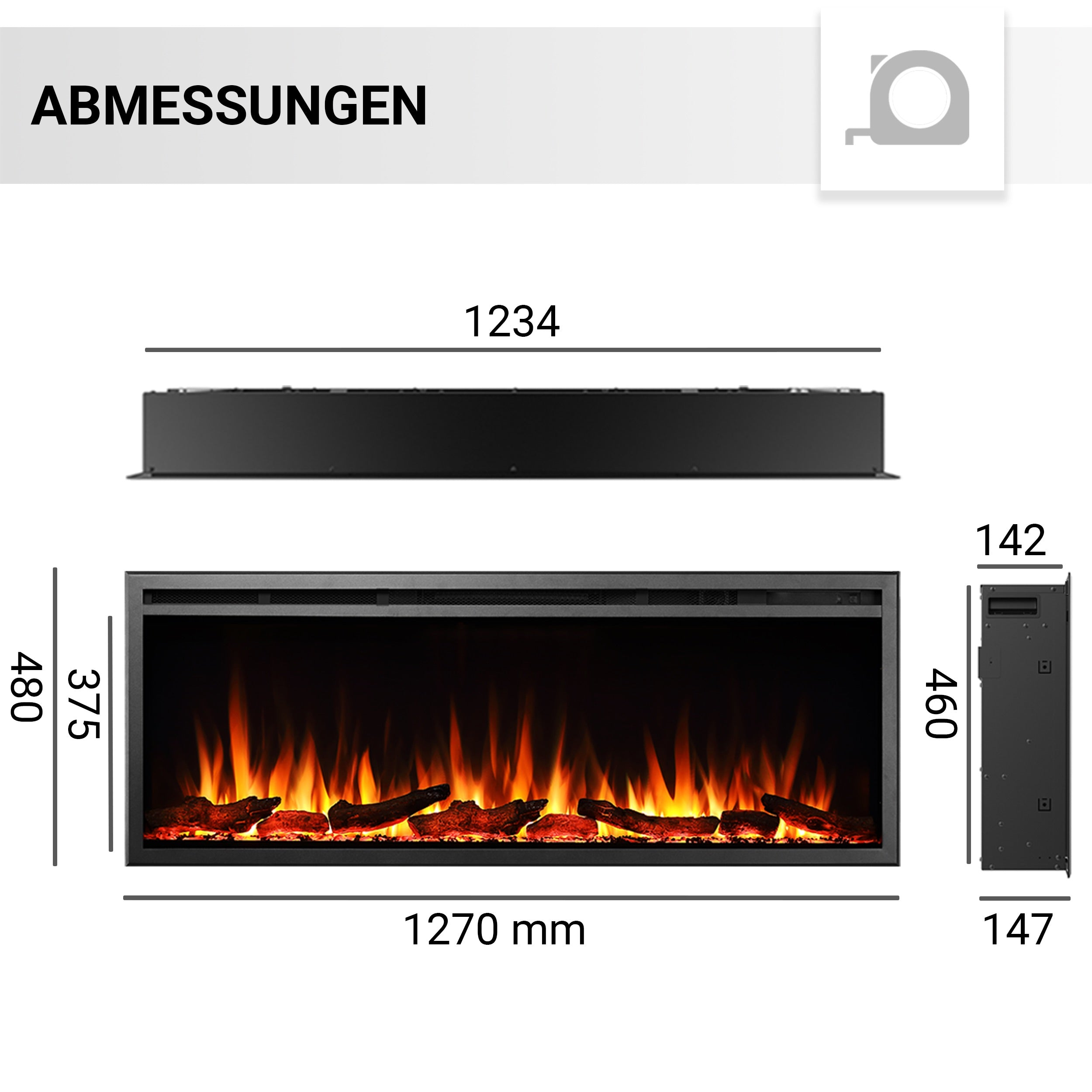 Bild eines Kamins mit Maßangaben. Es zeigt Flammen und Holzscheite im Inneren. Maße in mm: 1270x480x142.