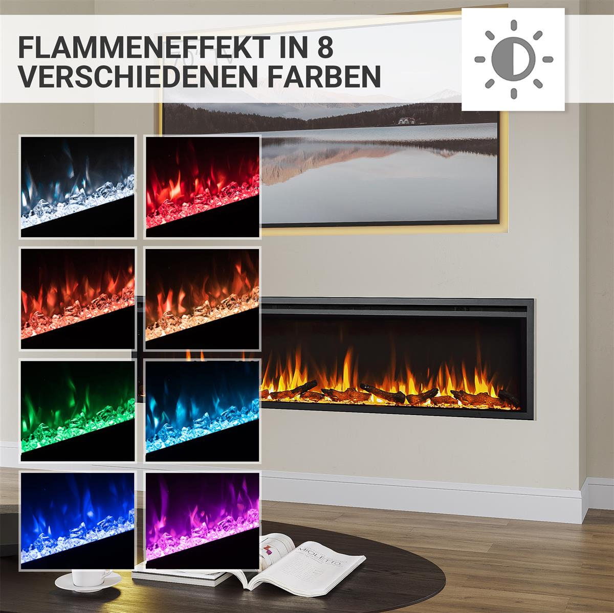 Ein elektrischer Kamin mit Flammen in verschiedenen Farben. Acht Farboptionen werden zusammen mit einem Landschaftsbild und einem Buch gezeigt.