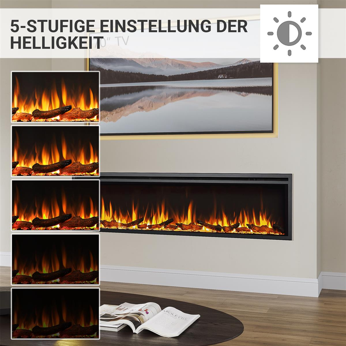 Ein elektrischer Kamin mit einstellbaren Helligkeitsstufen. Ein Fernseher zeigt eine Landschaft. Ein Buch liegt auf dem Boden, und ein Sonnensymbol wird angezeigt.