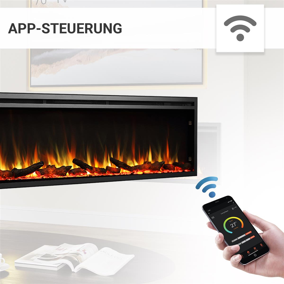 Elektrischer Kamin mit Smartphone-Steuerung. Eine Hand hält ein Telefon, das die Temperatur anzeigt. Flammeneffekt und Wi-Fi-Symbol sind sichtbar.