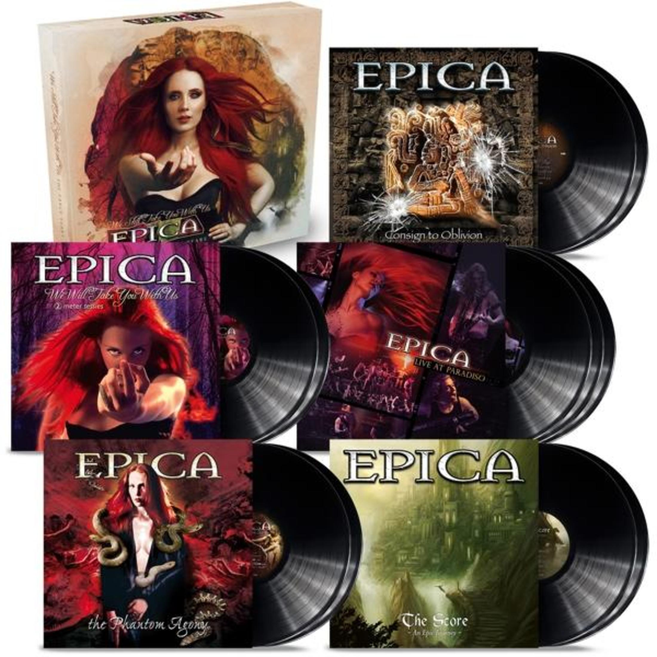 Albumhoezen van de band Epica, inclusief platen en een boxset. Bevat artwork met vrouwen en fantasiethema's.