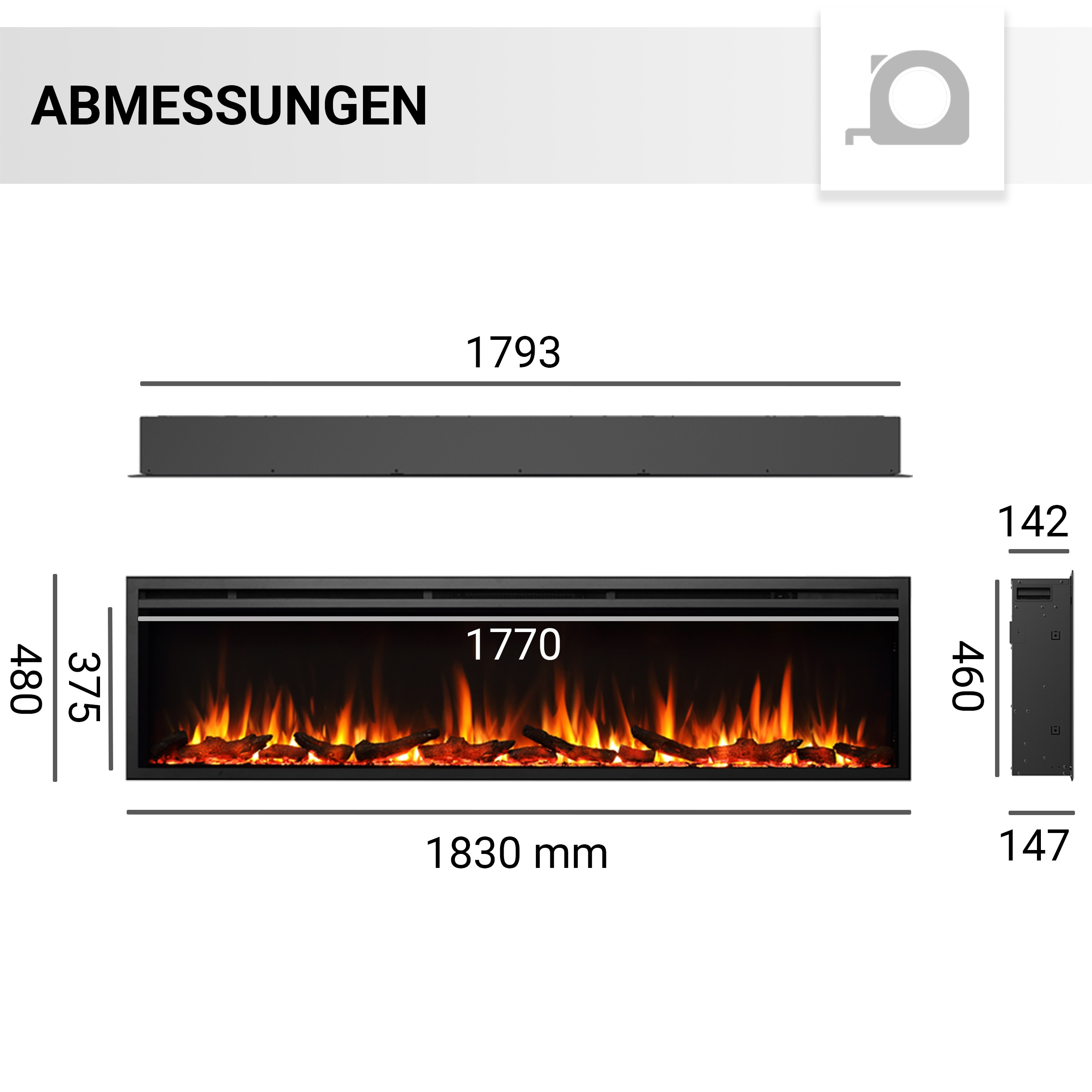 Diagramm eines Kamins mit Maßen: 1830 mm lang, 480 mm hoch und 147 mm tief. Zeigt Flammen und ein Maßband-Symbol.