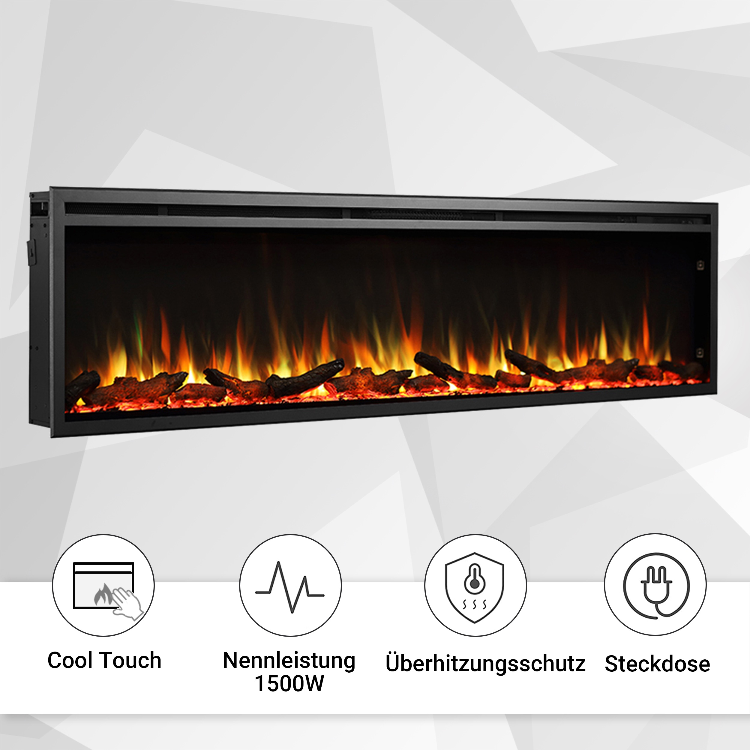 Ein moderner elektrischer Kamin mit schwarzem Rahmen, leuchtenden Flammen und Holzscheiten. Symbole für Cool Touch, Leistung und Sicherheit.