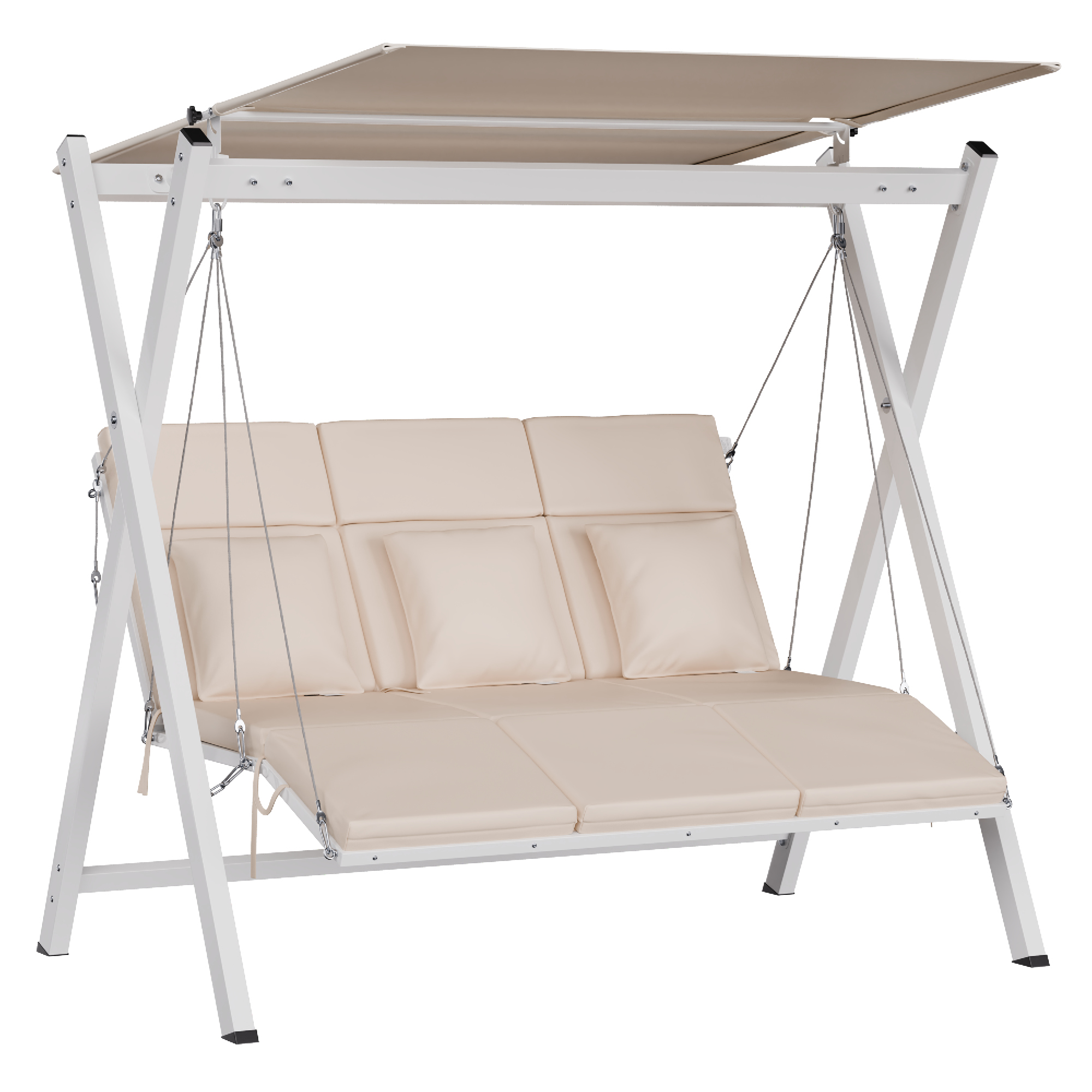 Eine weiße Schaukel mit beigem Baldachin. Es hat beige Kissen. Der Rahmen ist weiß.