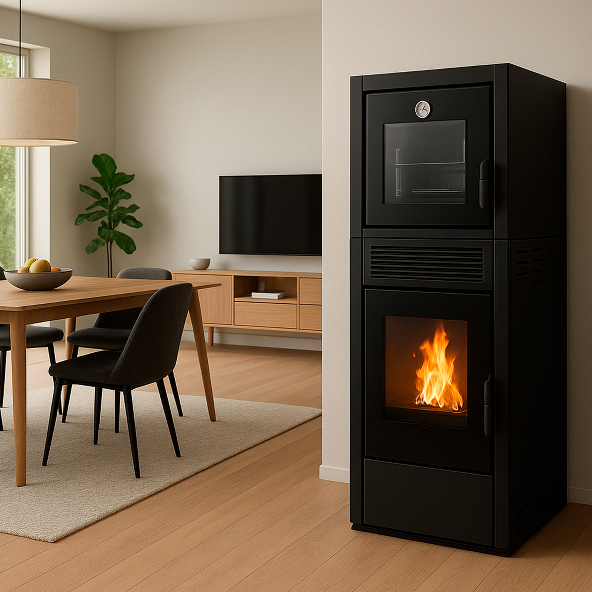 Ein modernes Wohnzimmer mit einem schwarzen Kamin. Ein Tisch und Stühle befinden sich im Vordergrund. Ein Fernseher und eine Pflanze sind im Hintergrund.