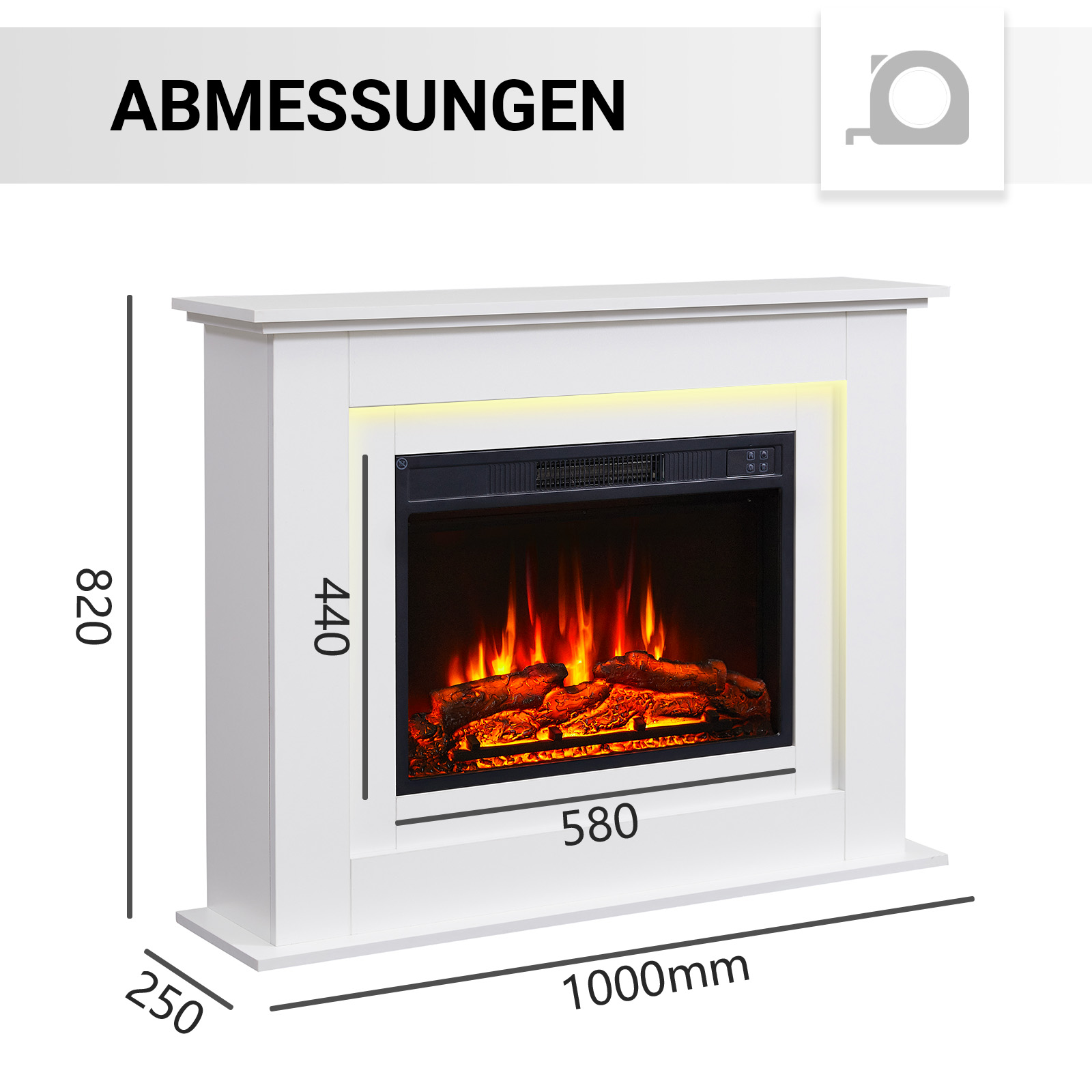 Weißer elektrischer Kamin mit Maßen. Feuereffekt im Inneren. Maße beinhalten Höhe, Breite und Tiefe.
