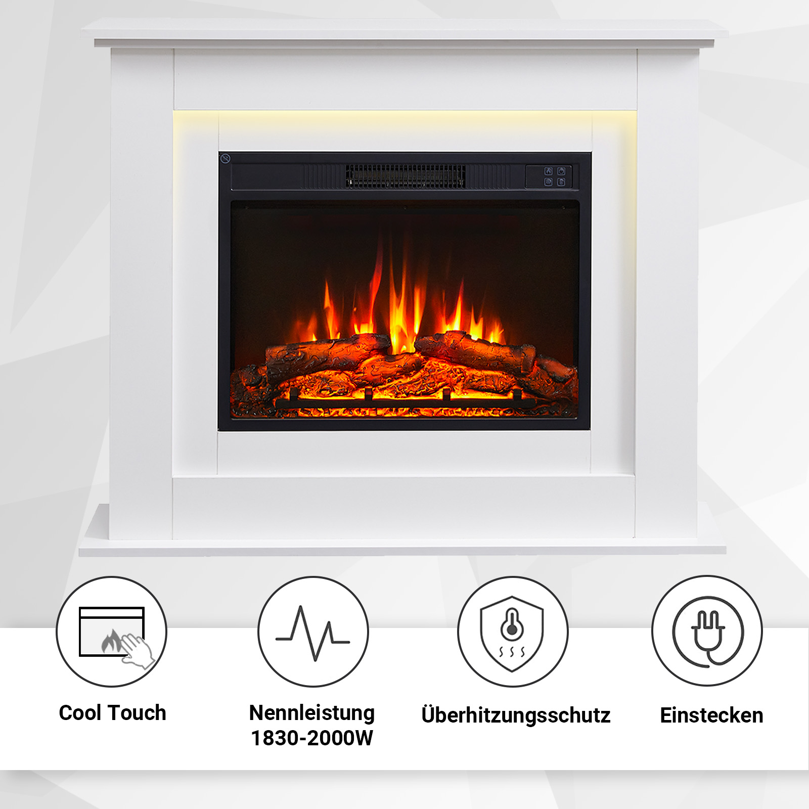 Weißer elektrischer Kamin mit Flammen und Holzscheiten, Symbole für Cool Touch, Leistung, Überhitzungsschutz und Stecker.