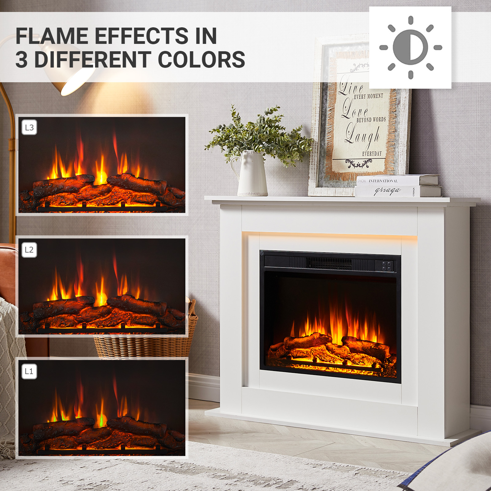 Ein weißer Kamin mit drei Flammeneffekten. Er hat ein gerahmtes Kunstwerk darüber und eine dekorative Vase auf dem Kaminsims.