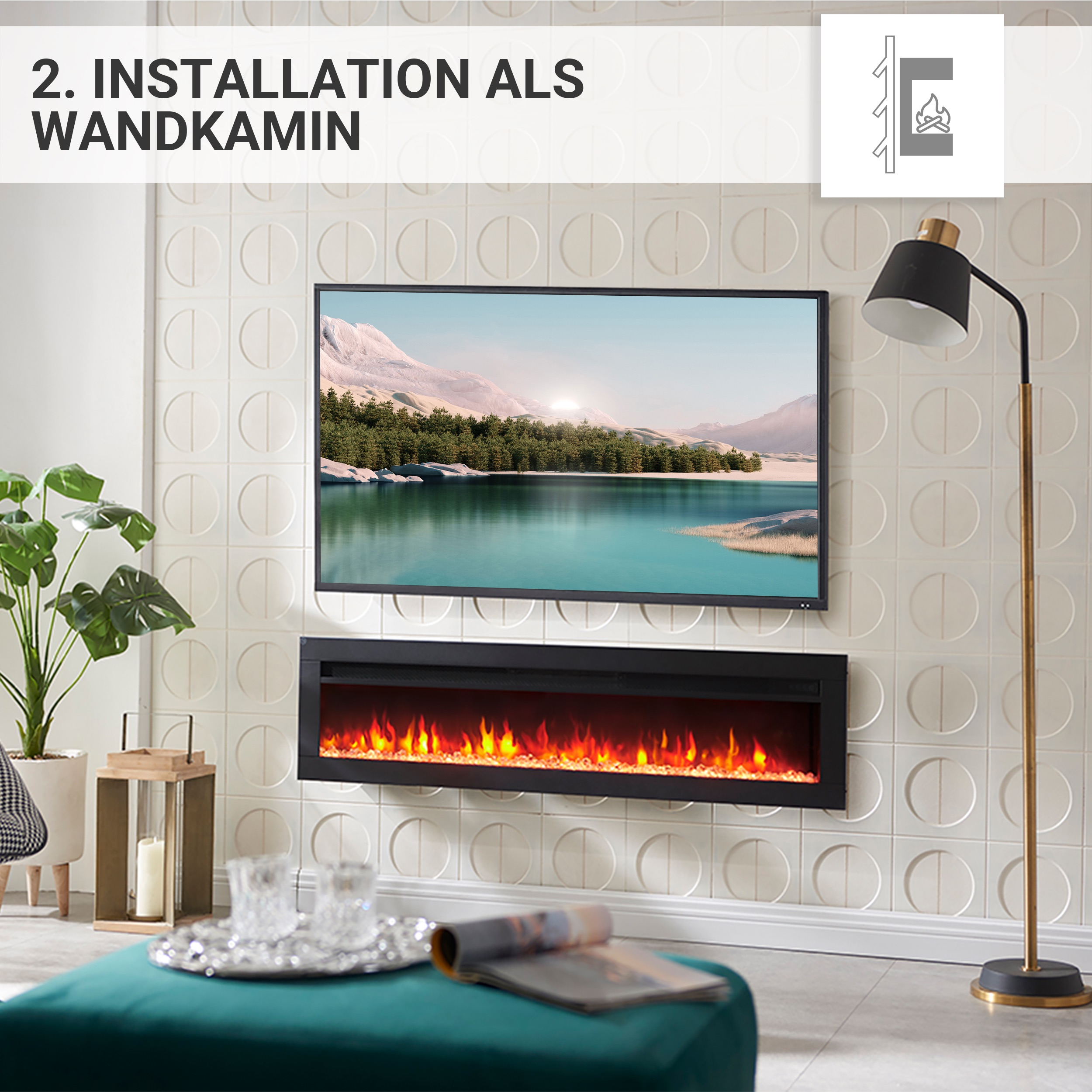 Wand mit Fernseher über Kamin. Eine Lampe und ein grüner Hocker mit einer Zeitschrift sind im Bild.