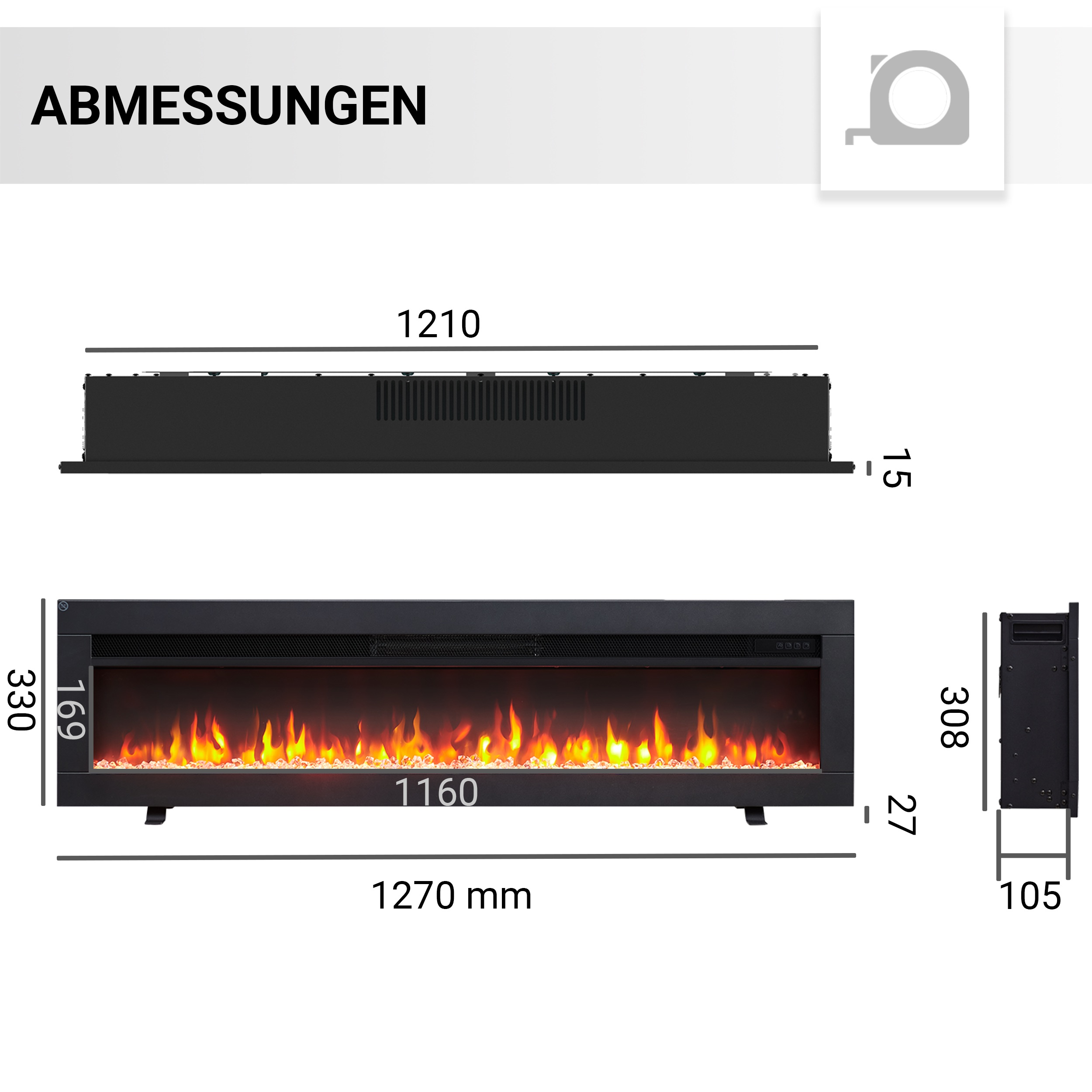 Ein schwarzer Elektrokamin mit Abmessungen, Flammen und Maßangaben in mm.