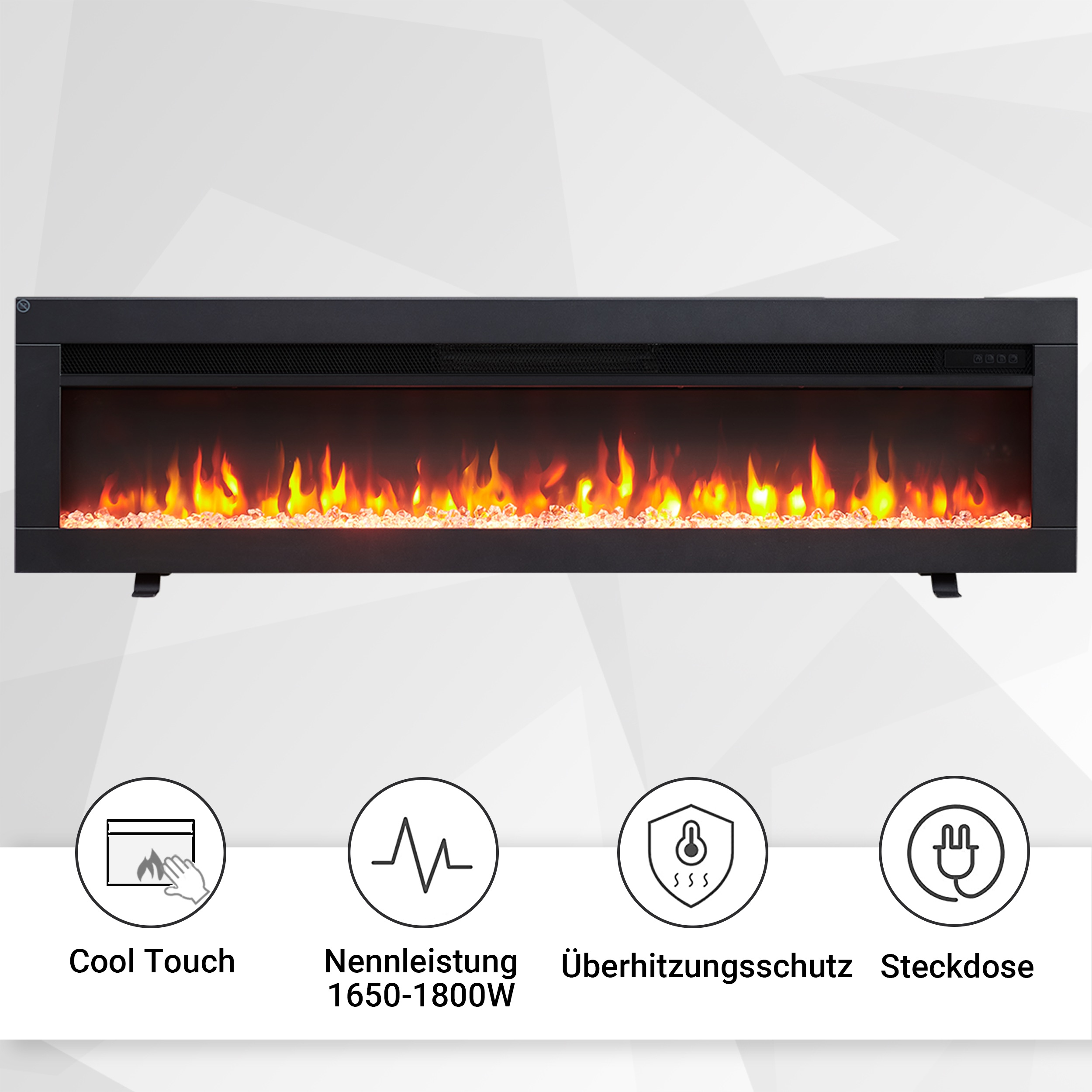 Schwarzer Elektrokamin mit Flammen. Symbole: Cool Touch, 1650-1800W, Überhitzungsschutz, und Steckdose.