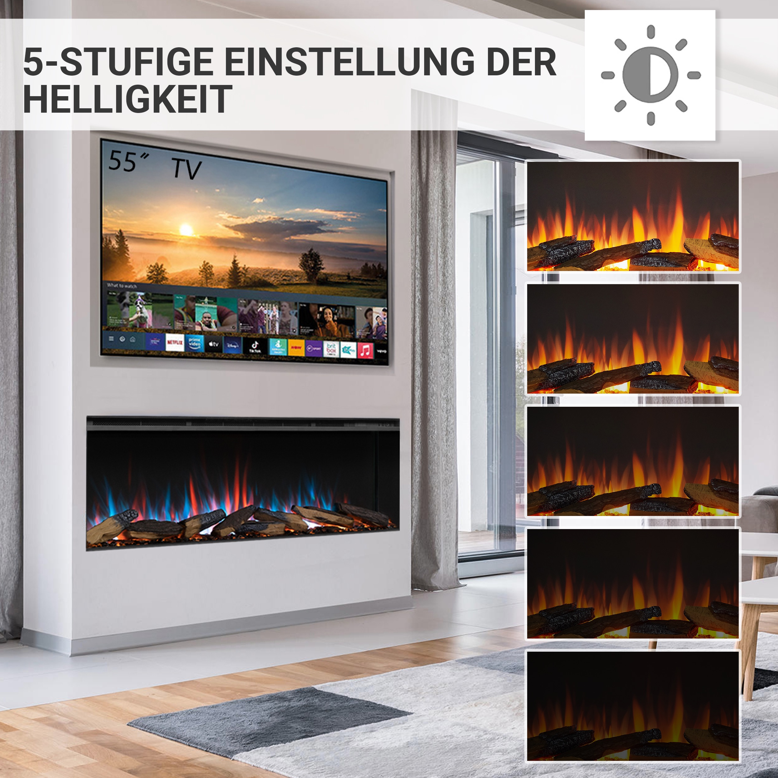Eine Wohnzimmerszene mit TV und Kamin mit Flammvariationen. Die Helligkeit ist einstellbar.