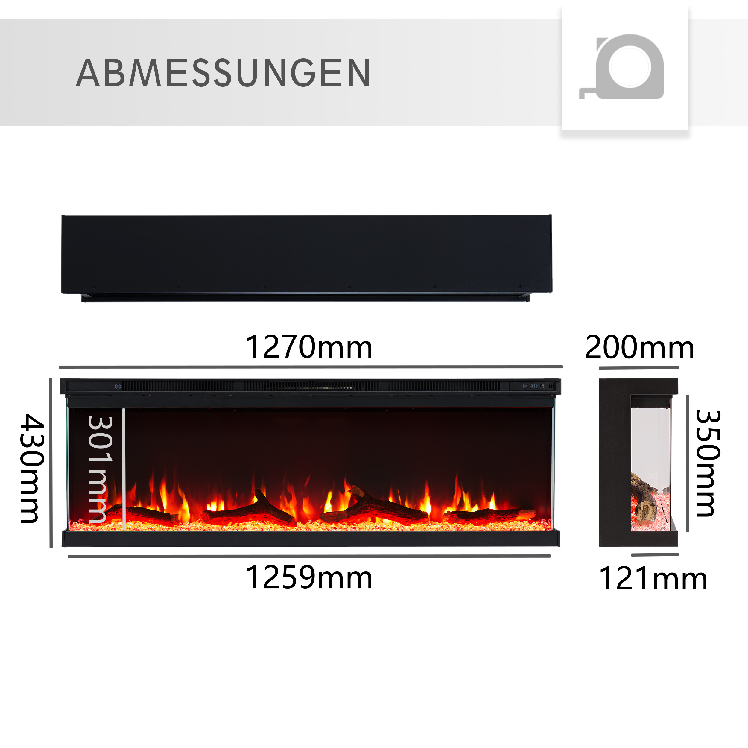 Ein elektrischer Kamin mit Flammeneffekt. Abmessungen: 1259 mm, 430 mm, 301 mm, 121 mm, 350 mm, 200 mm und 1270 mm.