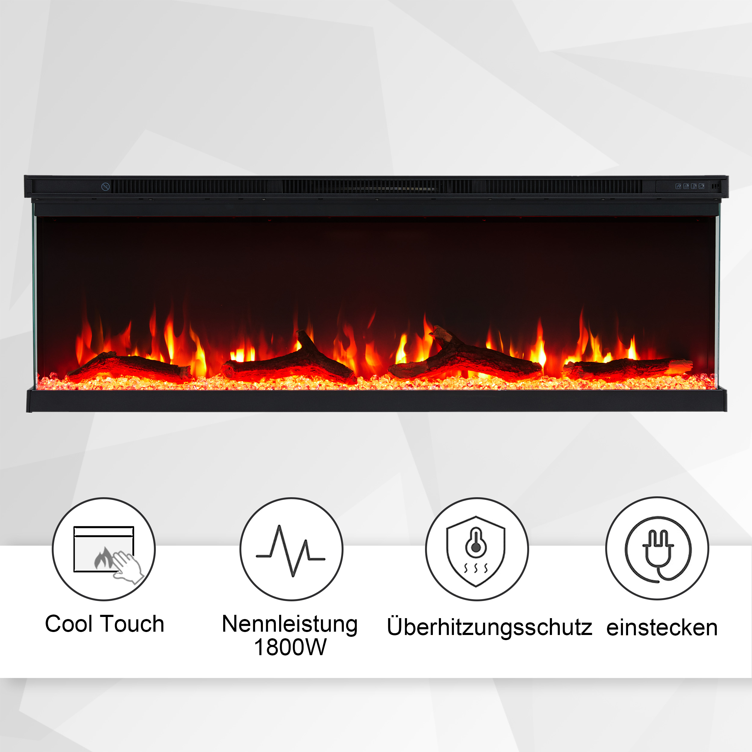 Elektrischer Kamin mit Flammen und Holzscheiten. Merkmale sind Cool Touch, 1800W, Überhitzungsschutz und Stecker.