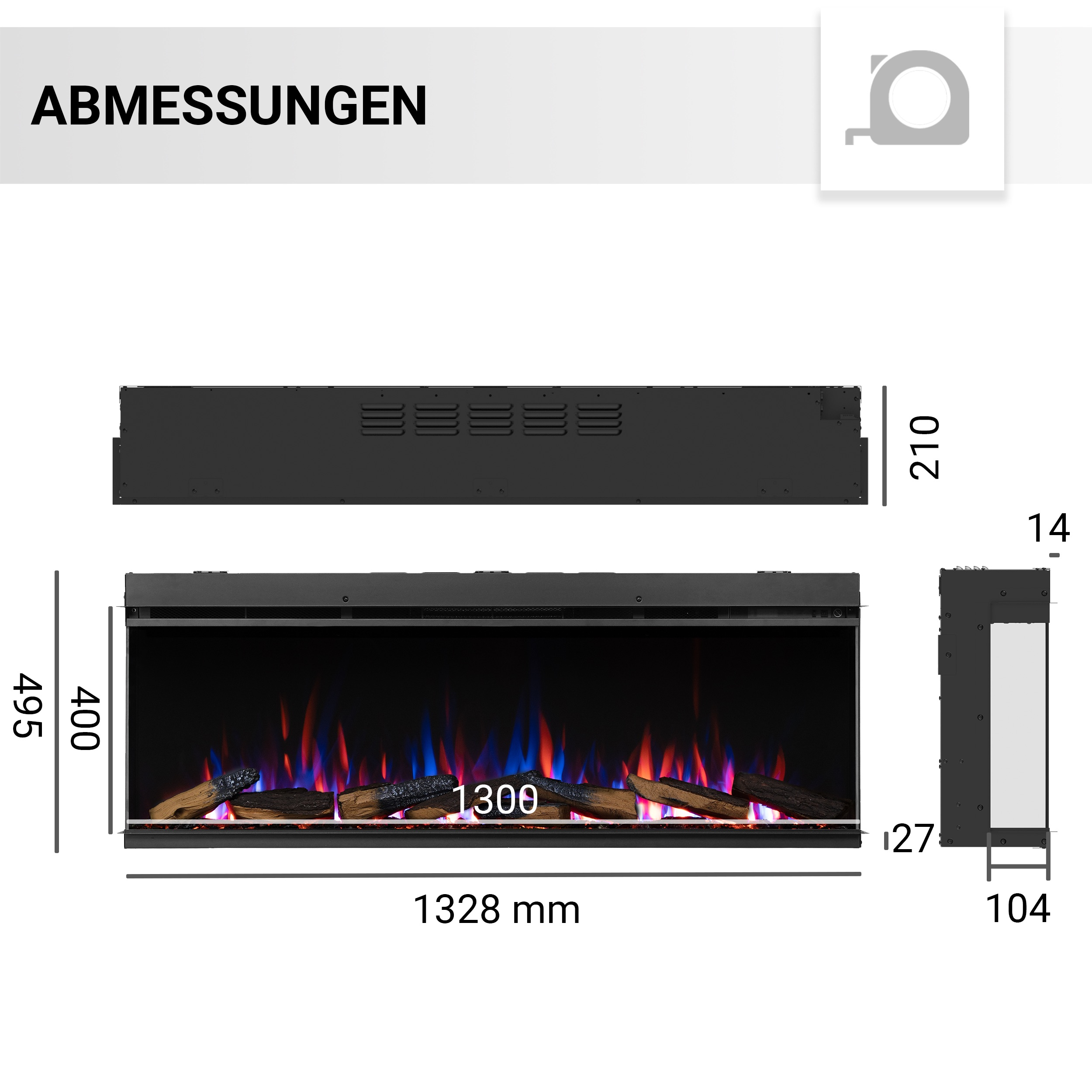 Ein schwarzer Kamin mit Abmessungen. Er zeigt einen Flammeneffekt, Holzscheite und verschiedene Maße in mm.