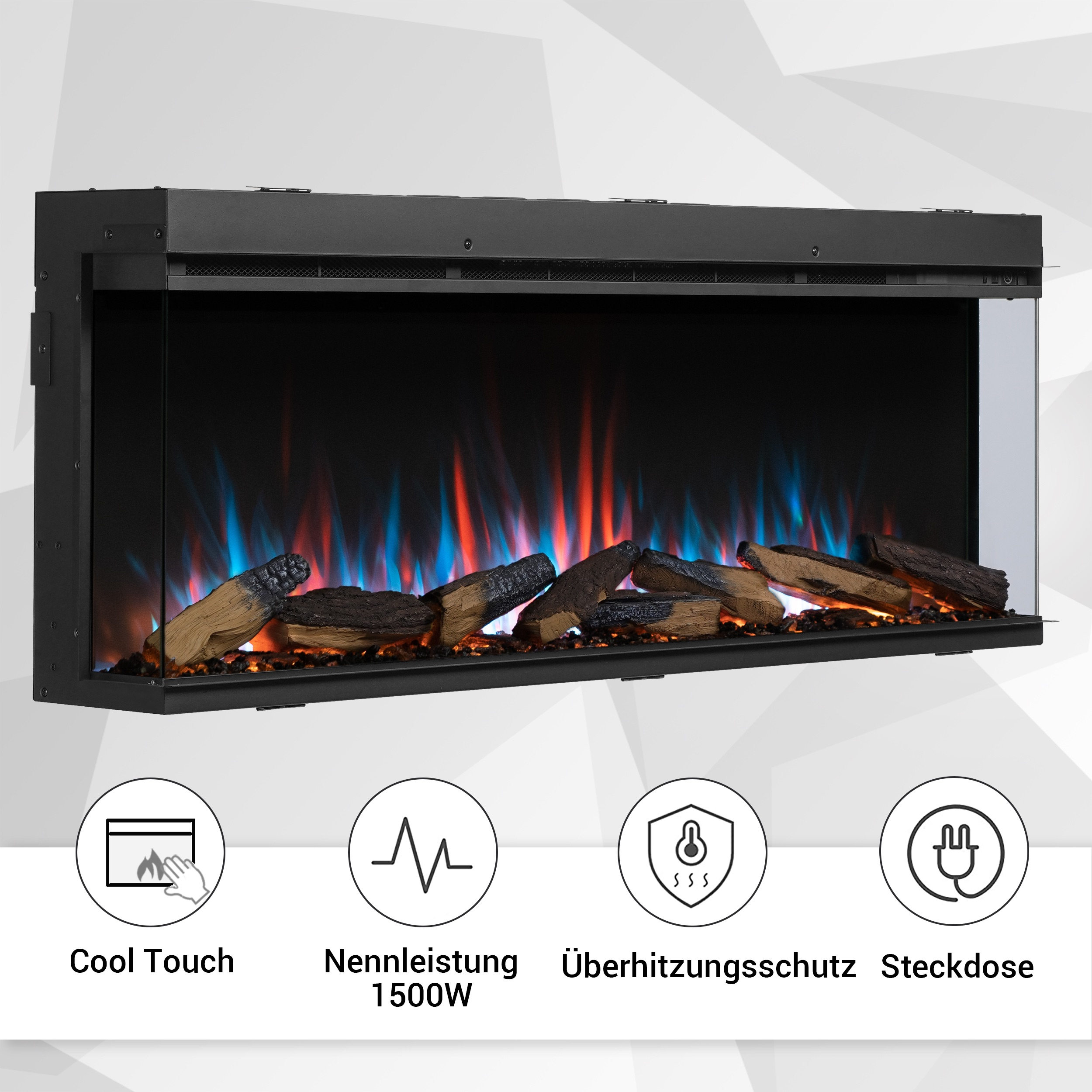 Ein elektrischer Kamin mit schwarzem Rahmen und Glasfront, der simulierte Flammen und Holzscheite zeigt. Symbole für Funktionen sind unten.