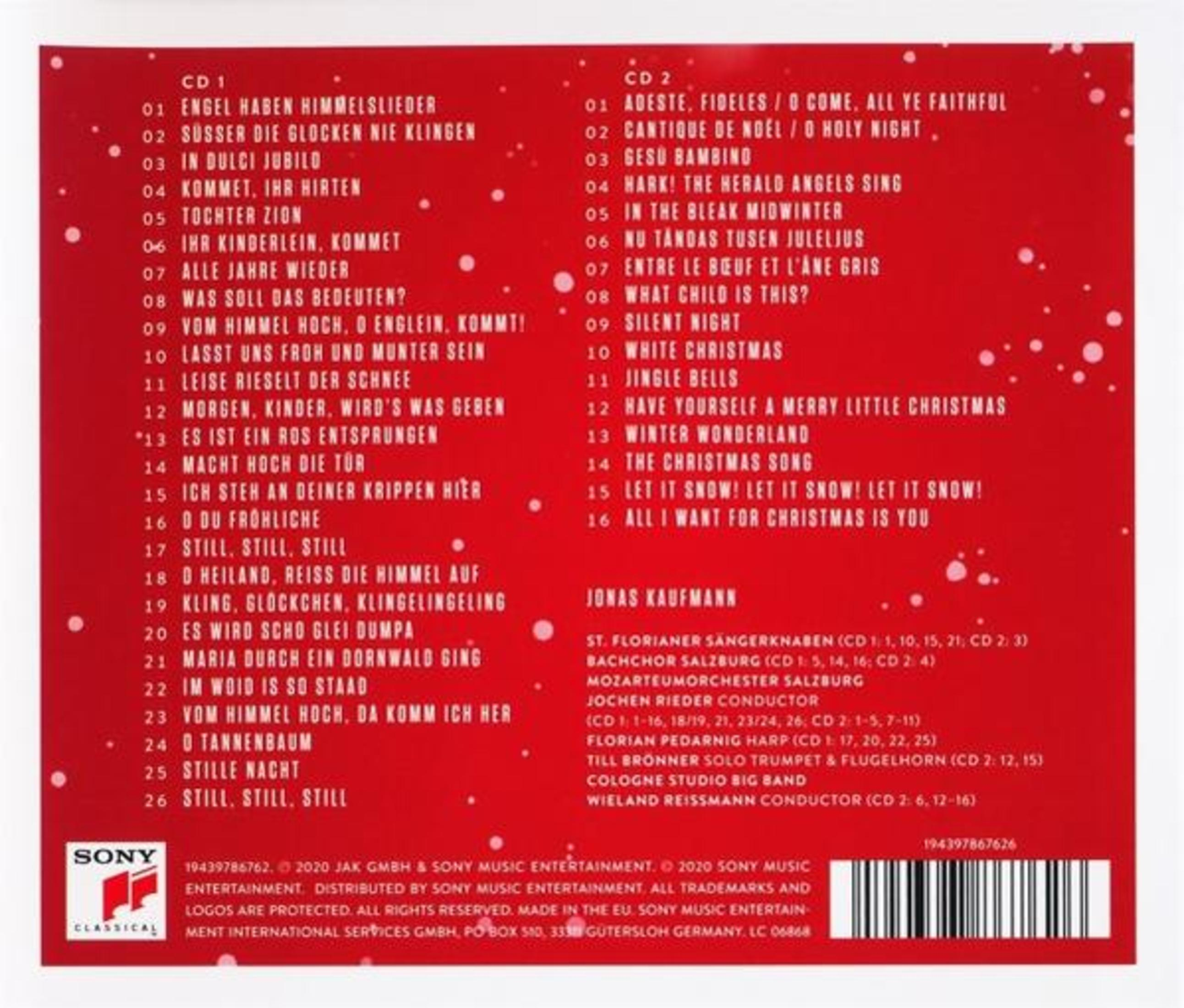 Ein CD-Cover mit rotem Hintergrund und weißem Text, das Weihnachtslieder und Künstlerinformationen auflistet.
