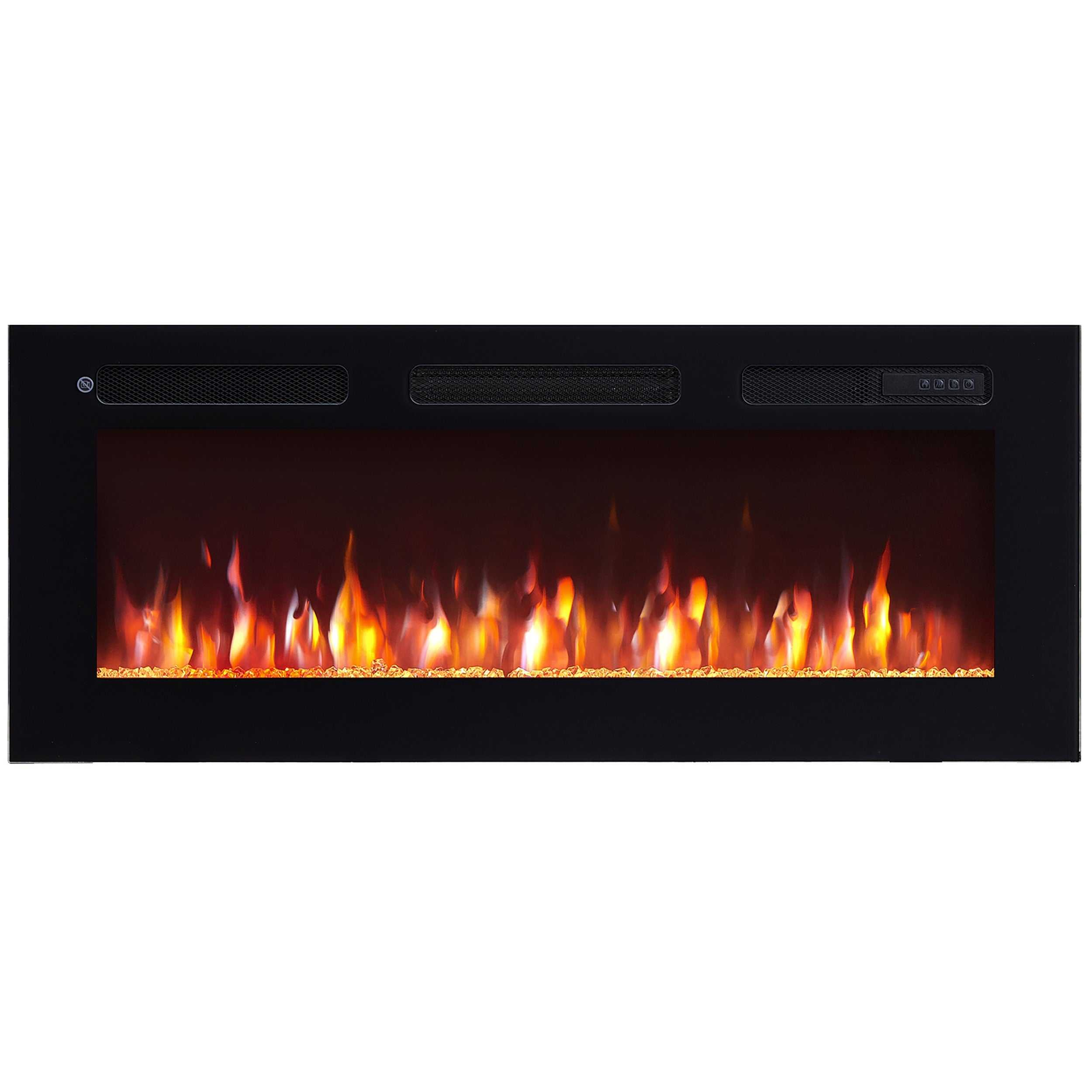 Elektrischer Kamin mit schwarzem Rahmen. Flammen aus orangefarbenem und gelbem Licht sind sichtbar. Mit Lüftungsschlitzen und Bedienelementen.