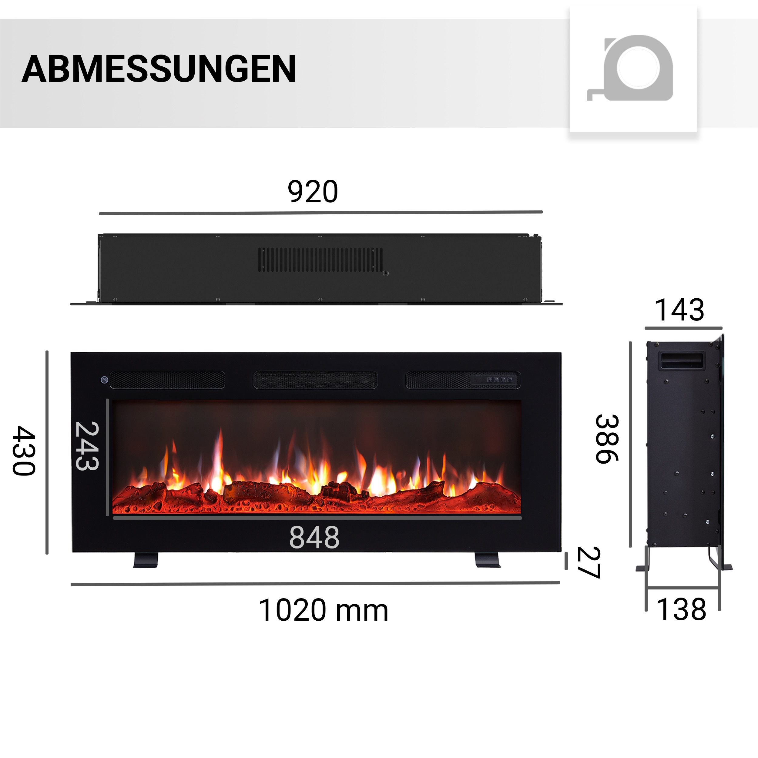 Diagramm eines elektrischen Kamins mit Abmessungen in mm. Der Kamin zeigt einen Flammeneffekt.