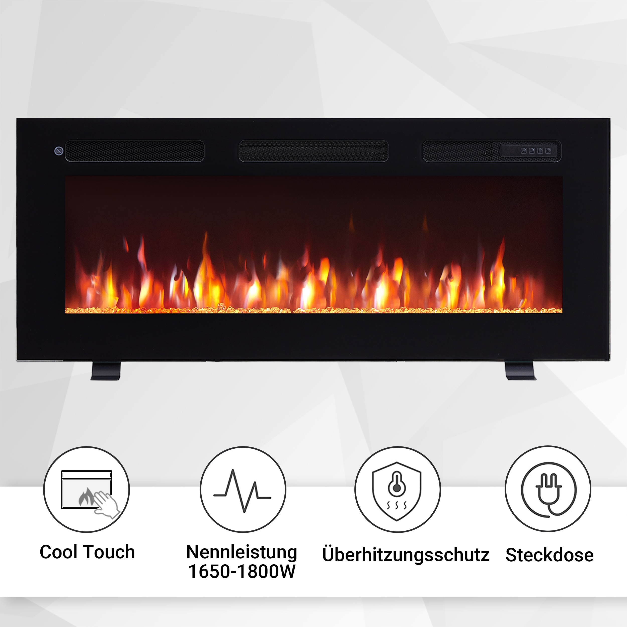 Ein schwarzer Elektrokamin mit Flammen. Er hat eine Cool-Touch-Funktion und Überhitzungsschutz. Er benötigt eine Steckdose.