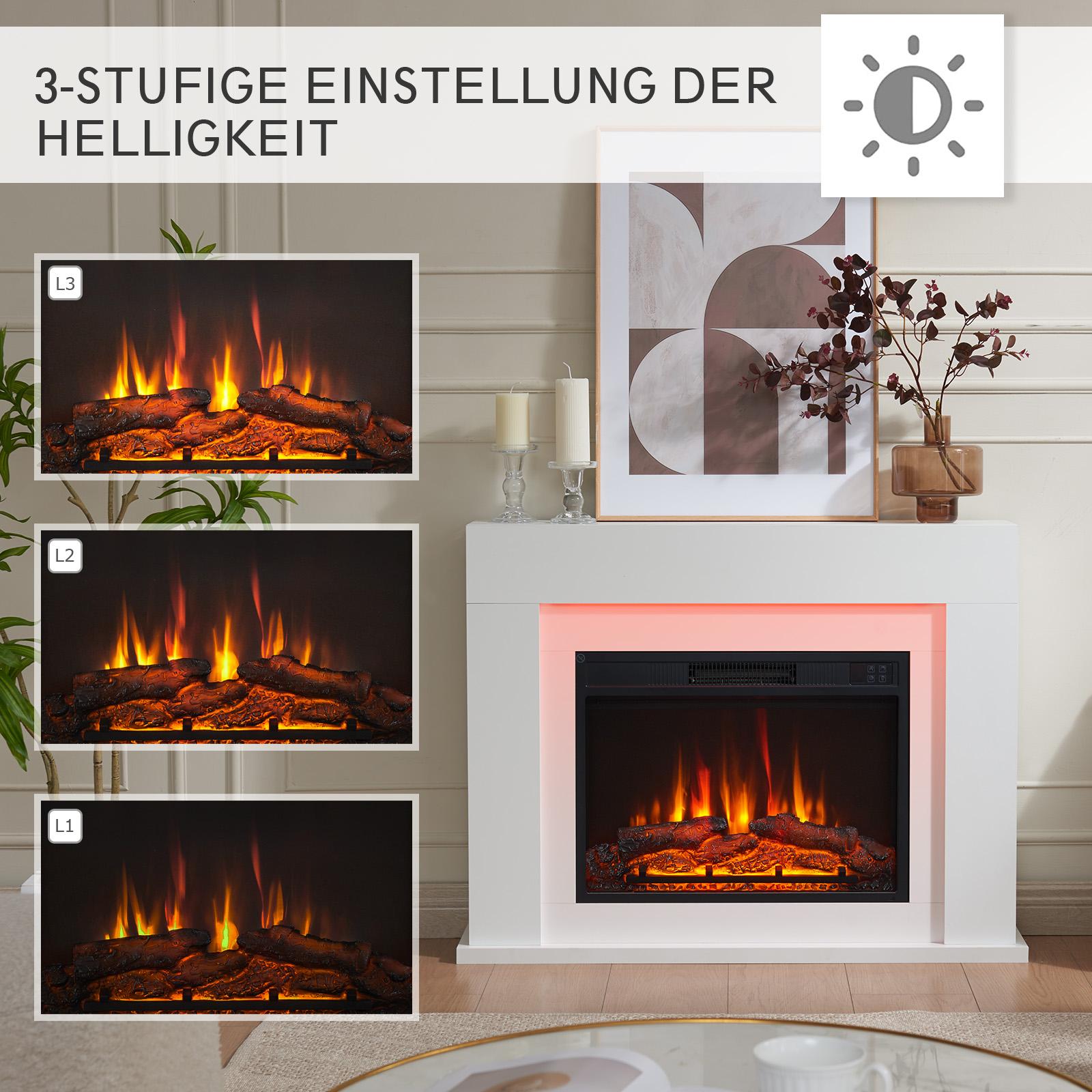 Ein weißer Kamin mit Flammeneffekt. Es gibt drei Helligkeitseinstellungen. Ein Gemälde und Kerzen stehen auf dem Kaminsims.