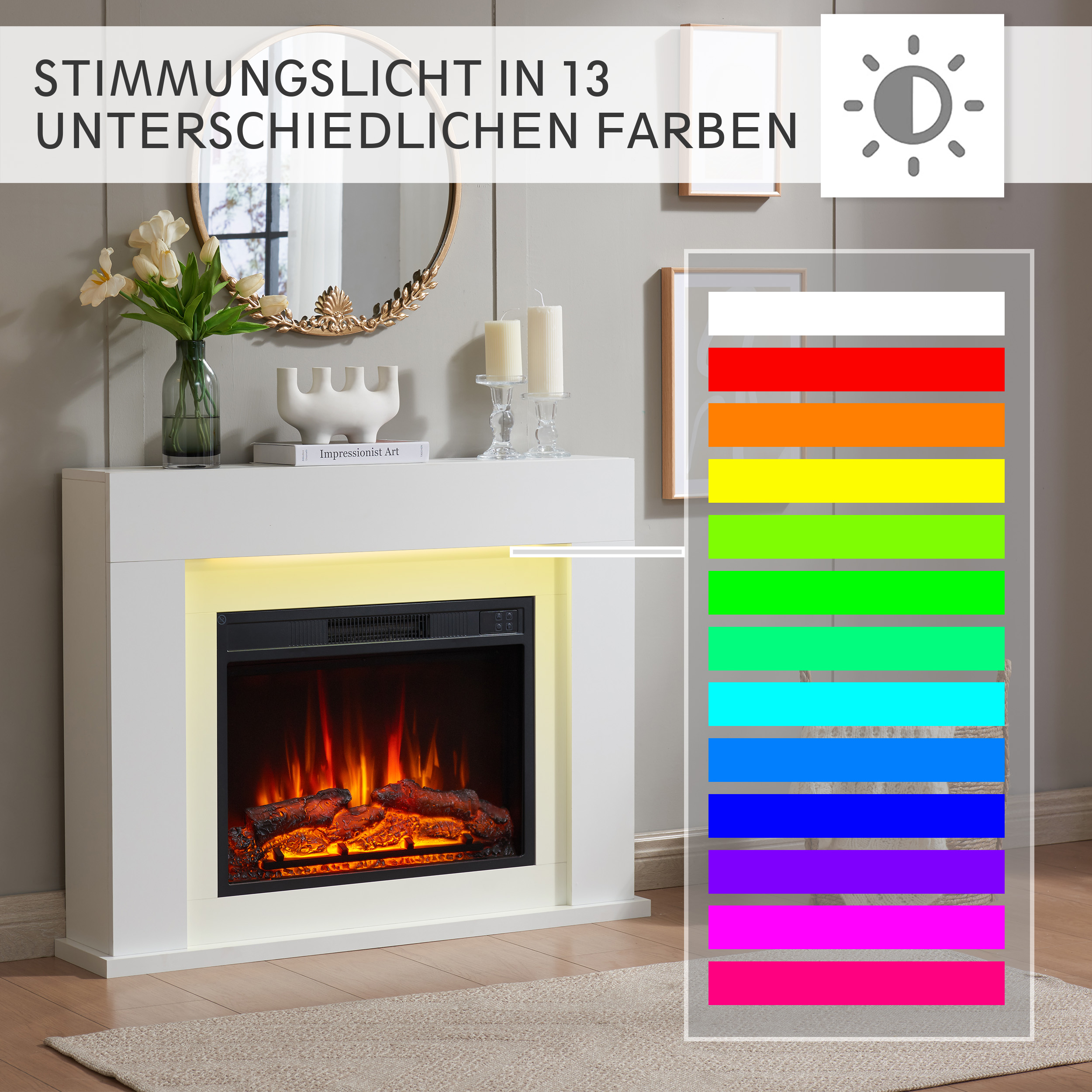 Ein weißer Kamin mit leuchtendem Feuer. Farben des Lichts werden rechts gezeigt. Oben befinden sich ein Spiegel und Dekorationen.