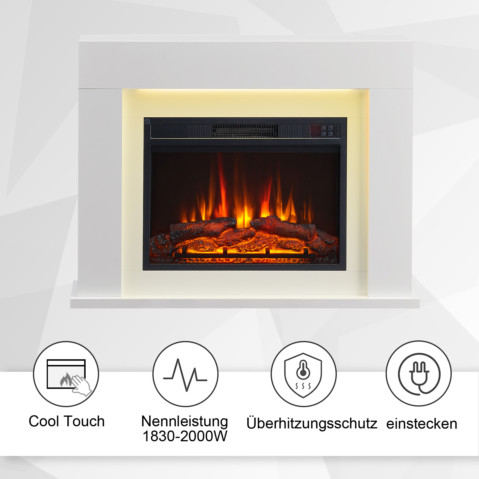 Weißer elektrischer Kamin mit künstlichen Flammen und Holzscheiten. Merkmale: Cool Touch, Leistung, Überhitzungsschutz und Einstecken.