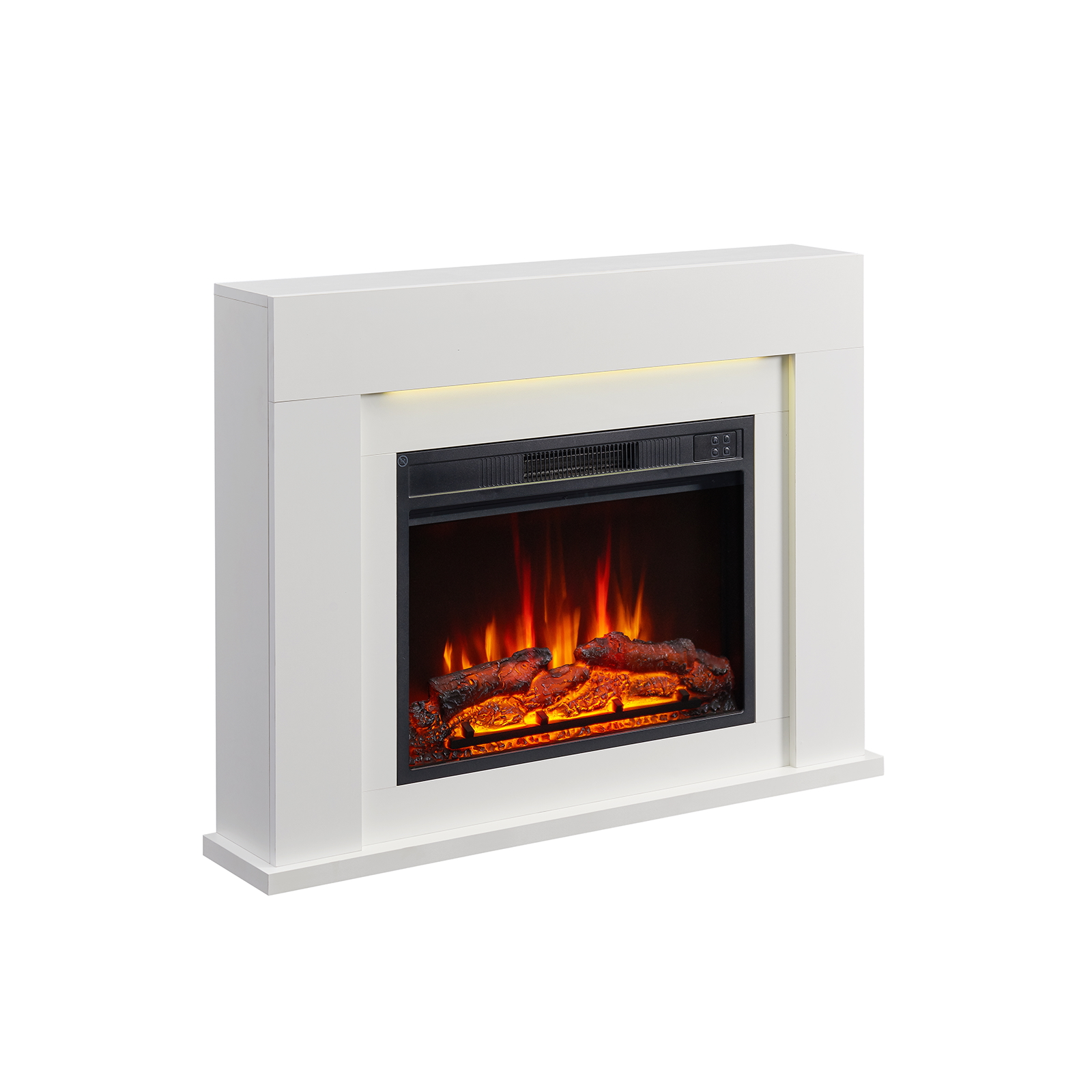 Weißer elektrischer Kamin mit schwarzem Innenraum. Der Feuereffekt zeigt orangefarbene Flammen und glühende Holzscheite.