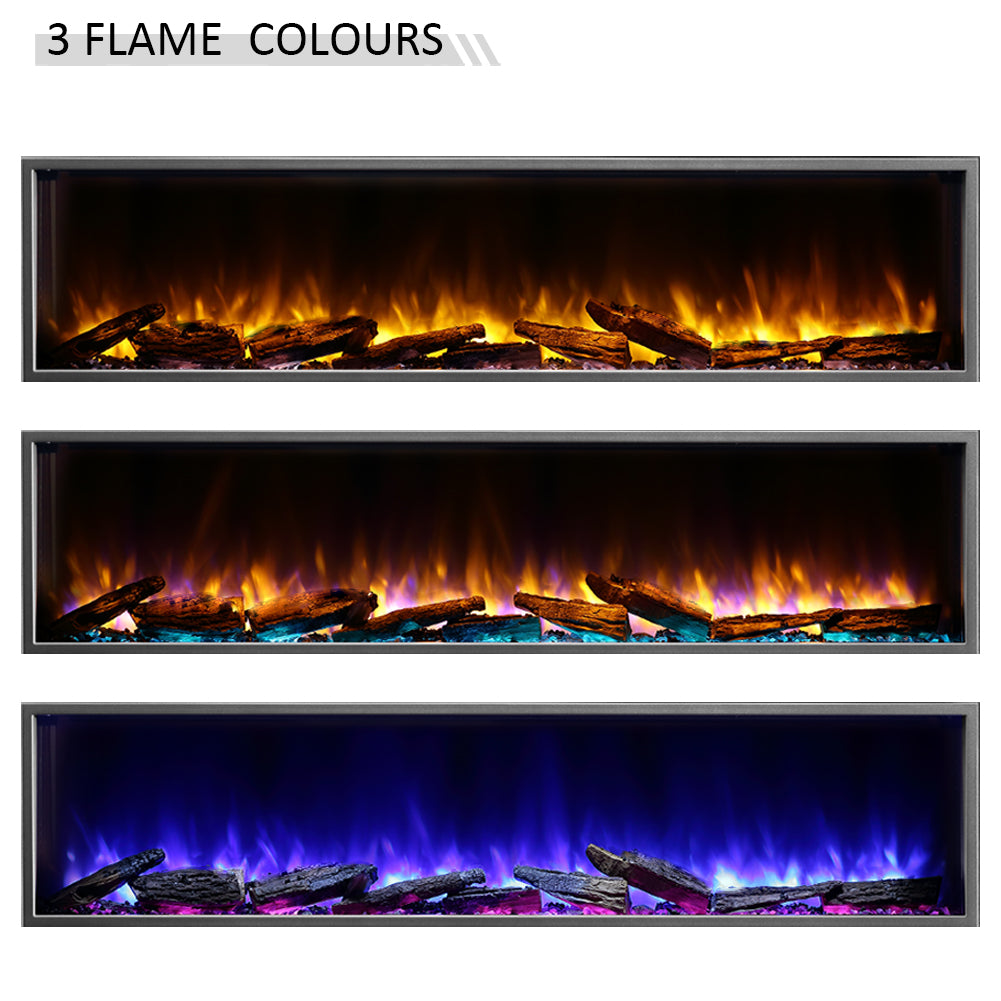 Elektrischer Kamin mit drei Flammfarben: Gelb, Orange und Blau. Am Boden des Kamins sind Holzscheite platziert.