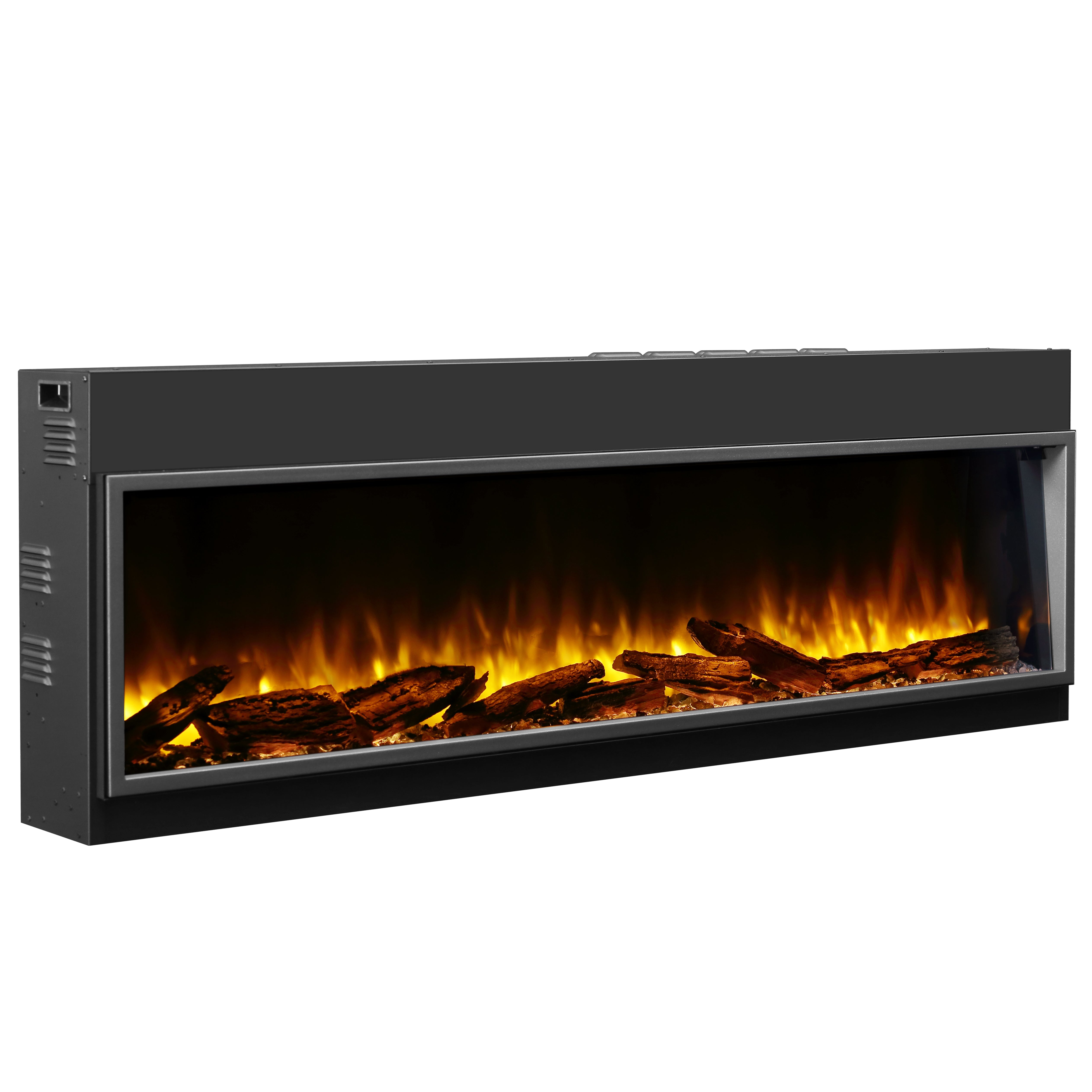 Ein moderner elektrischer Kamin in Schwarz mit Flammen und Holzscheiten. Der Hintergrund ist weiß.