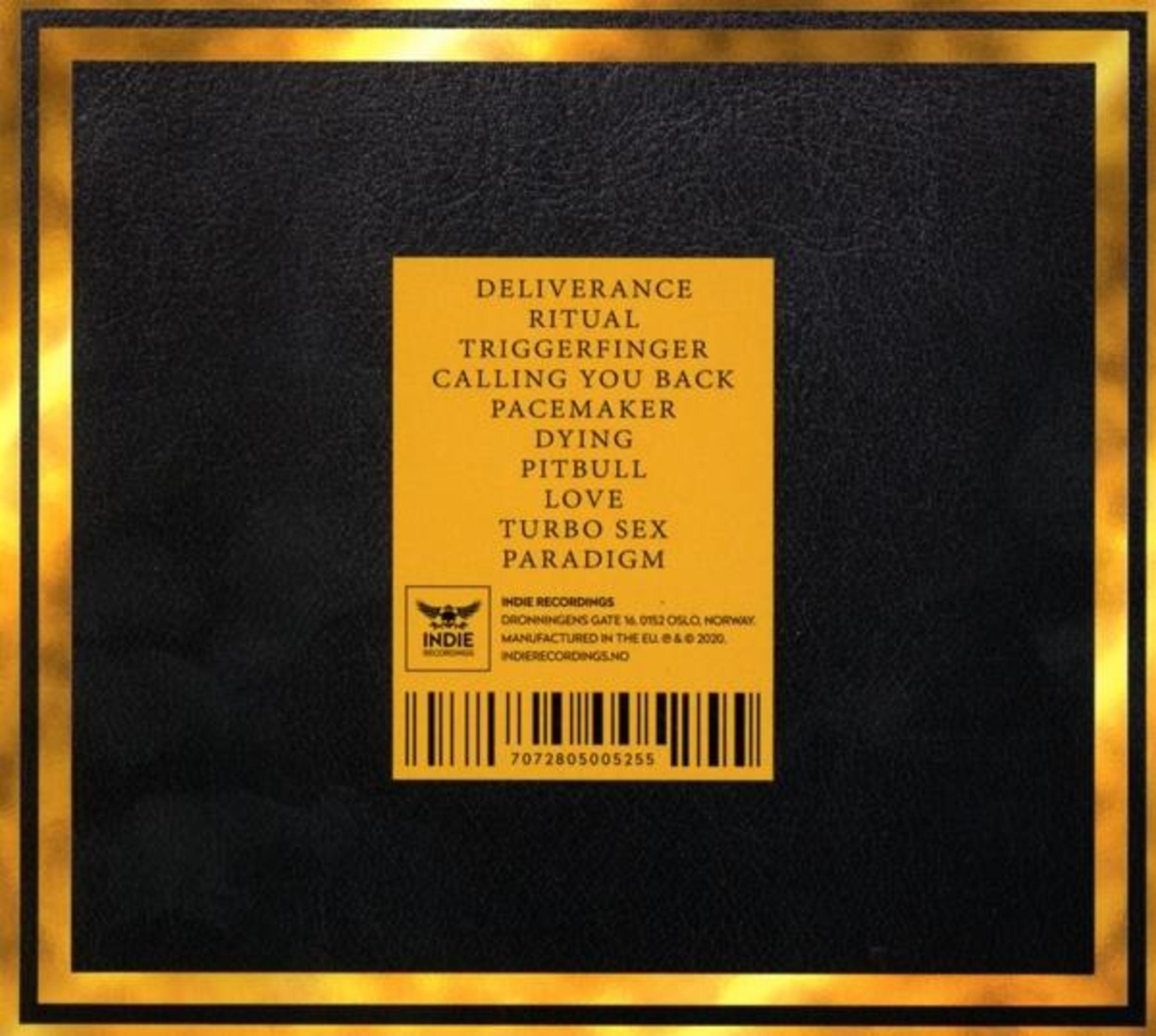 Albumhoes met gouden lijst, zwarte achtergrond en een geel label met songtitels en een logo.