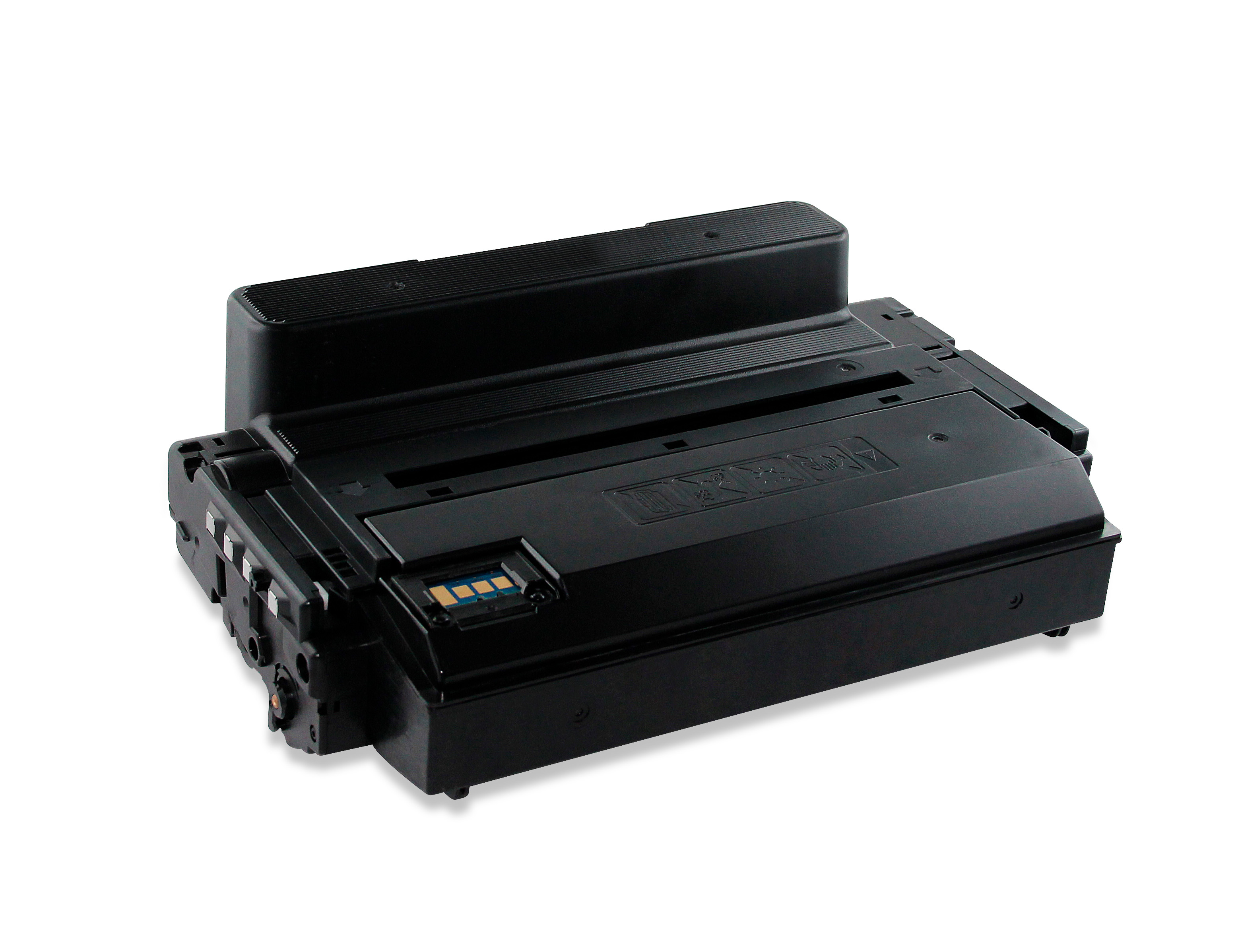 Cartuccia toner nera per stampante su sfondo bianco. Il toner è rettangolare con diversi componenti visibili.