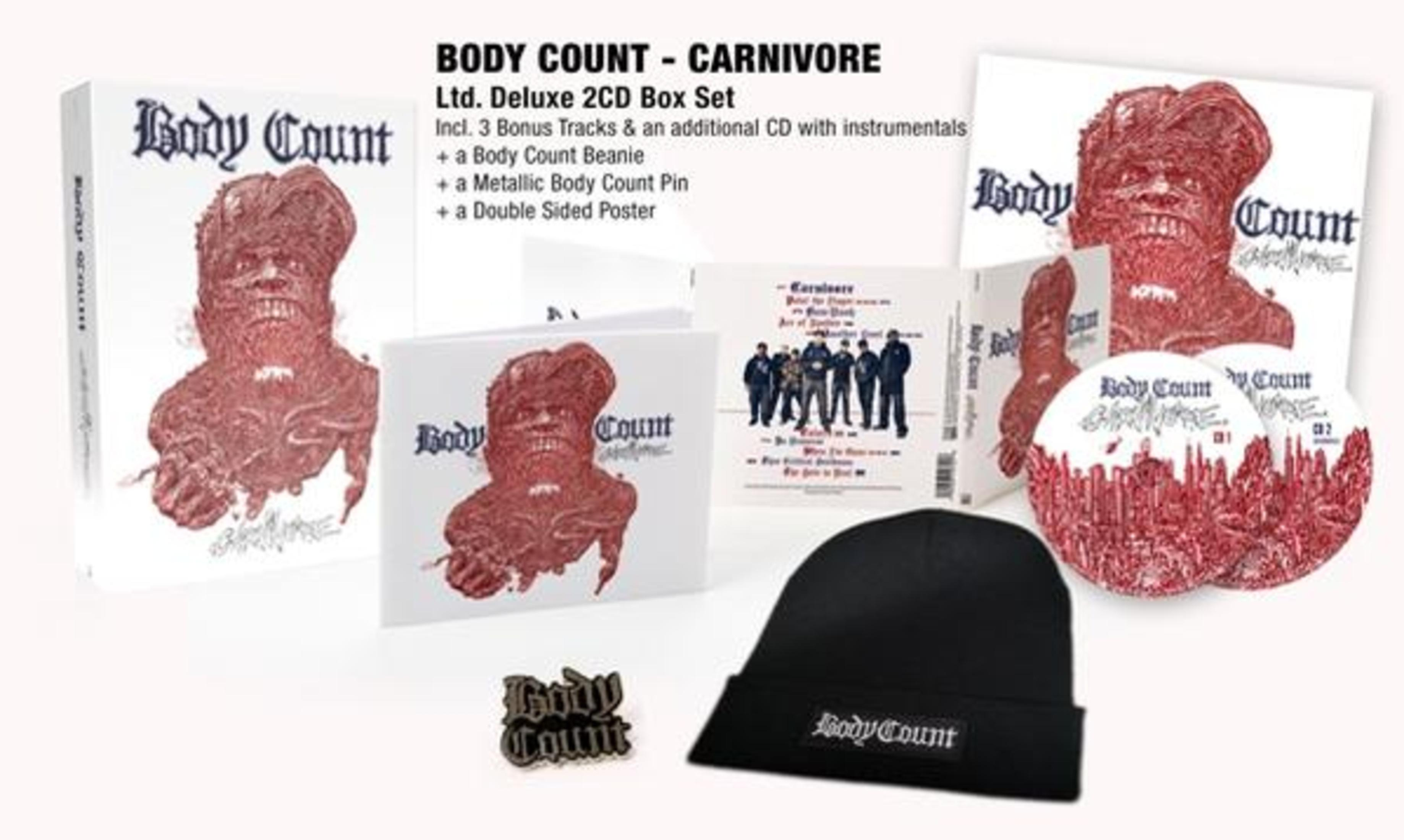 Body Count's 'Carnivore' Deluxe 2CD Box-Set enthält Mütze, Anstecknadel, Poster und Bonustracks. Artwork zeigt ein rotes Monster.